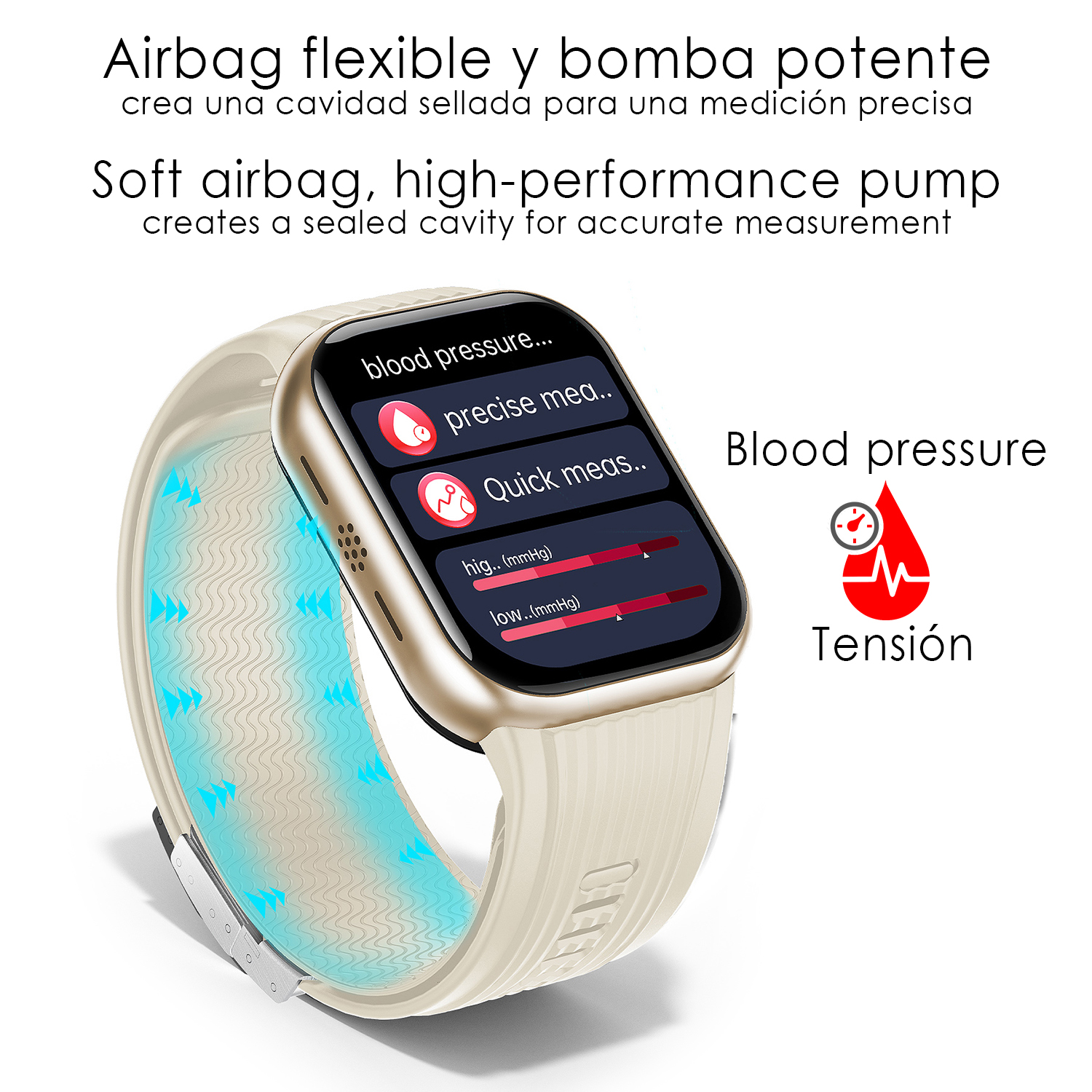 Un reloj inteligente beige muestra métricas de presión arterial con una bolsa de aire azul brillante.