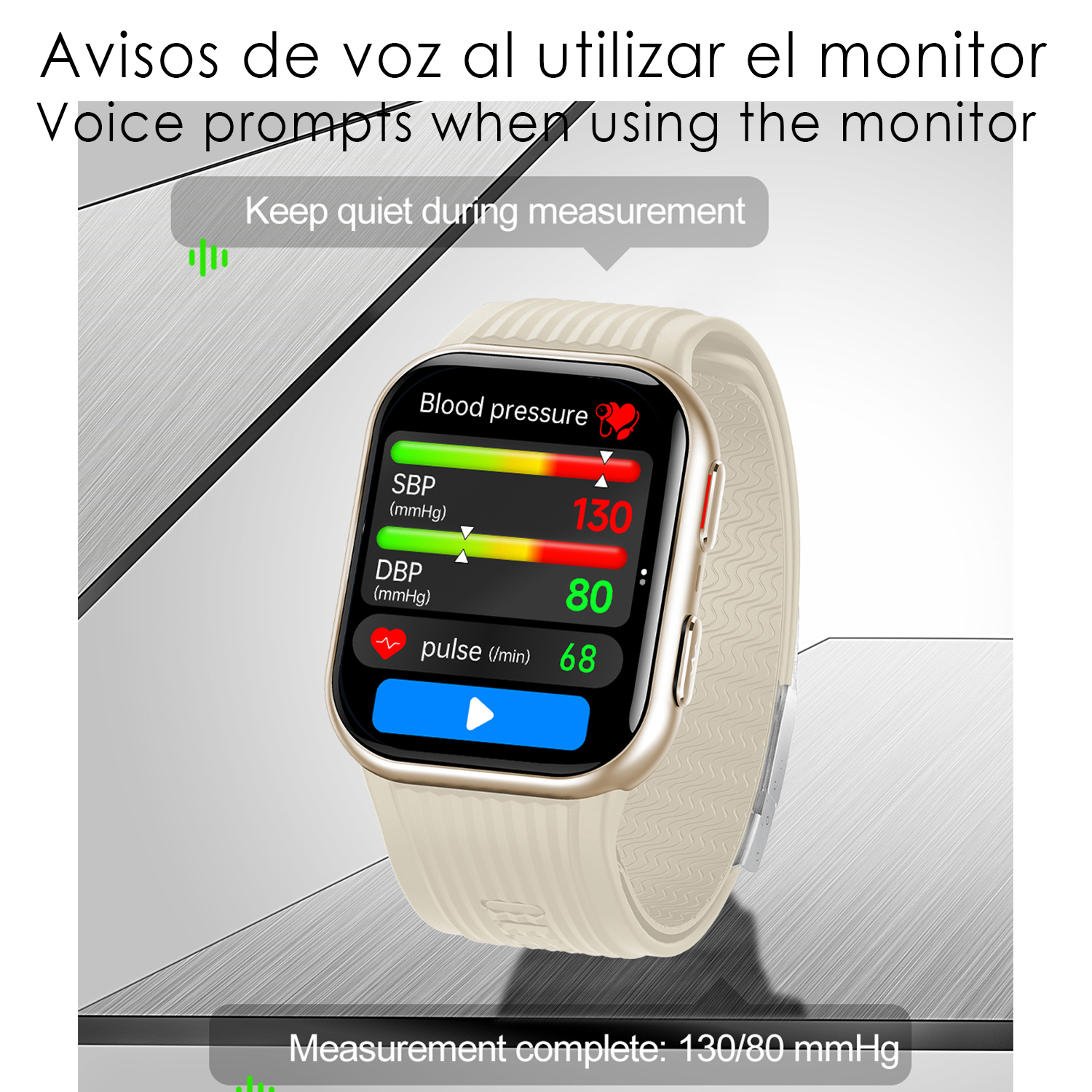 Un reloj inteligente beige muestra en su pantalla una presión arterial de 130 sobre 80 y un pulso de 68.