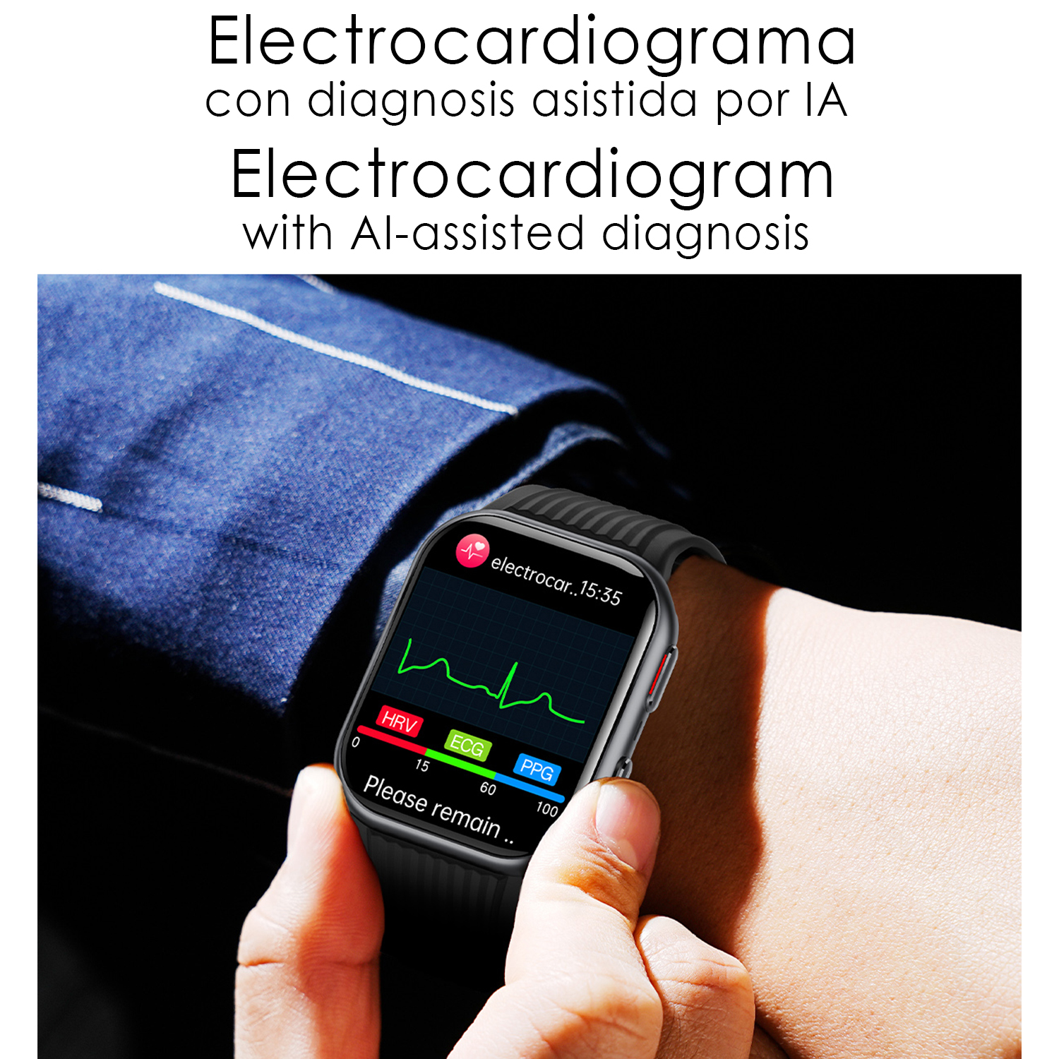 Un reloj inteligente muestra un gráfico de electrocardiograma en su pantalla con texto en español e inglés arriba.