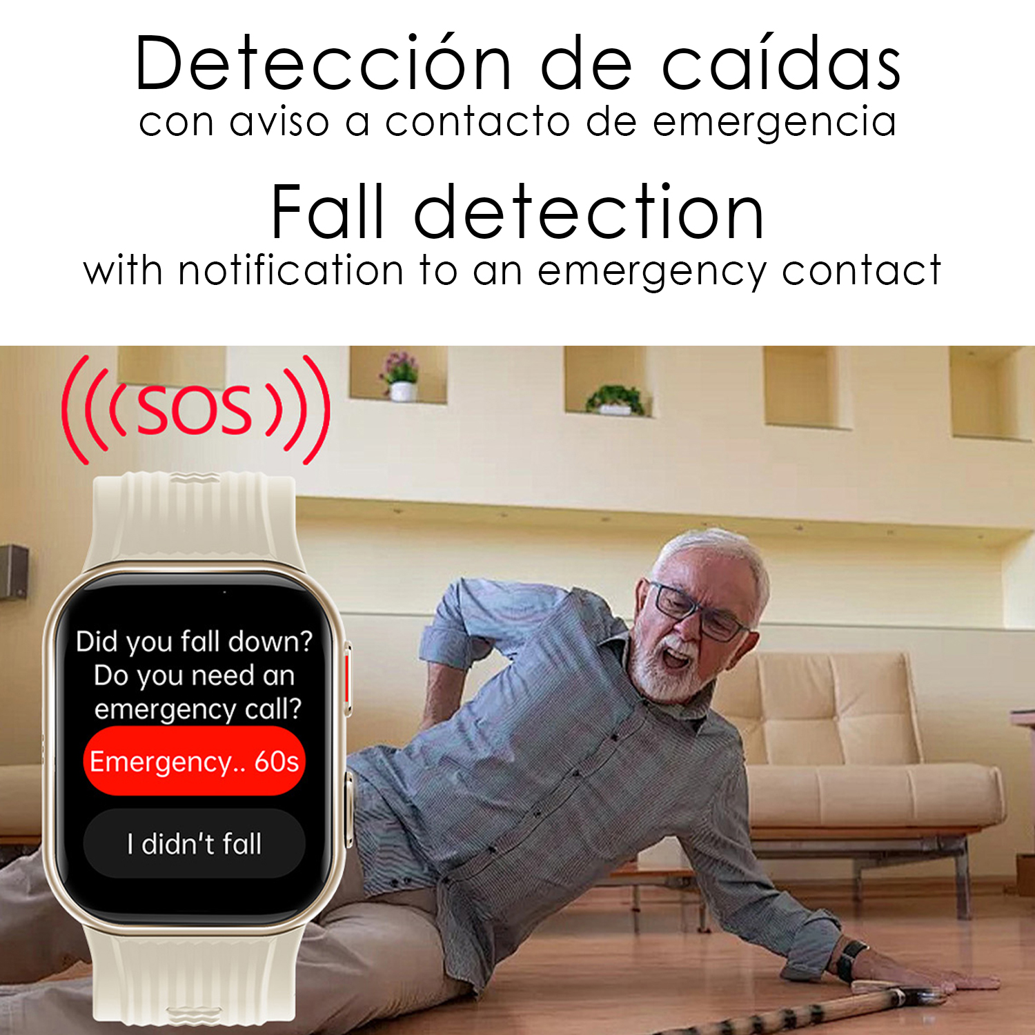 Un anciano cae al suelo con dolor, mientras un reloj inteligente muestra una alerta de emergencia SOS.