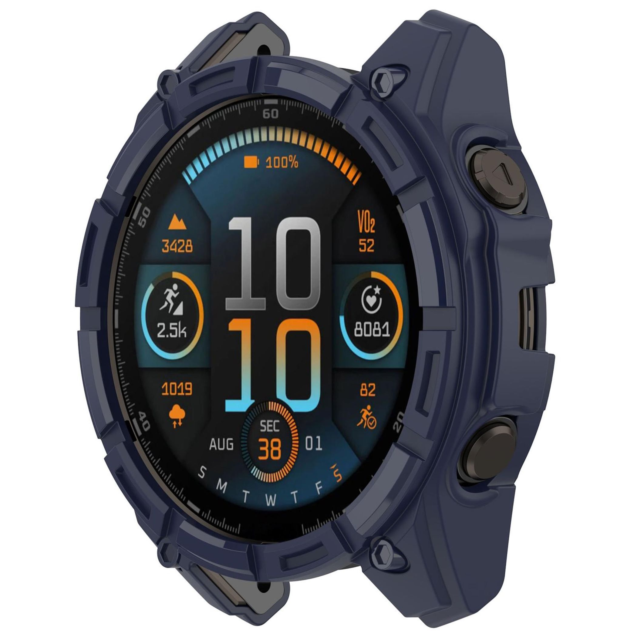 Smartwatch blu robusto con display digitale che mostra ora e dati di fitness su sfondo bianco.