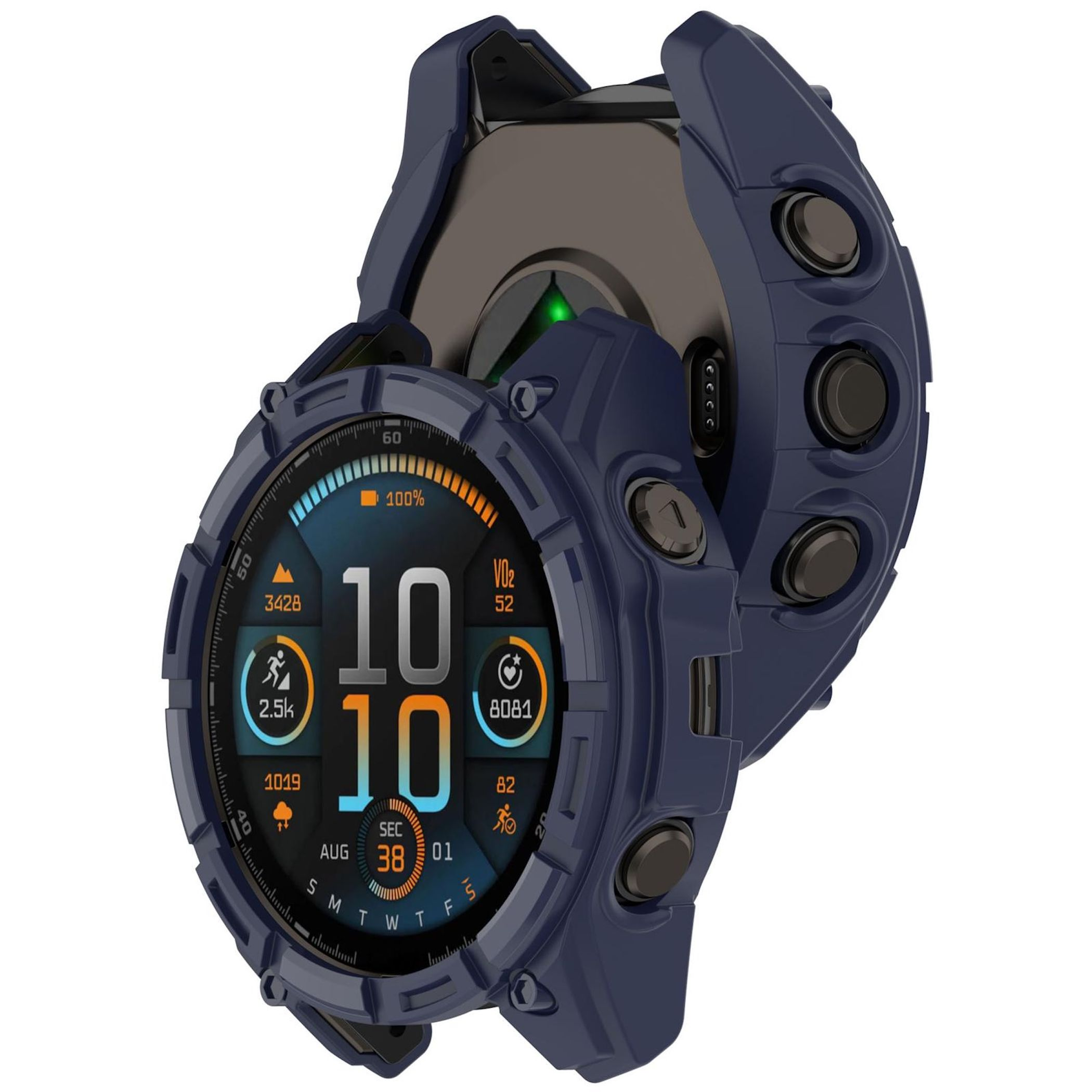 Custodia protettiva blu per smartwatch con display digitale.