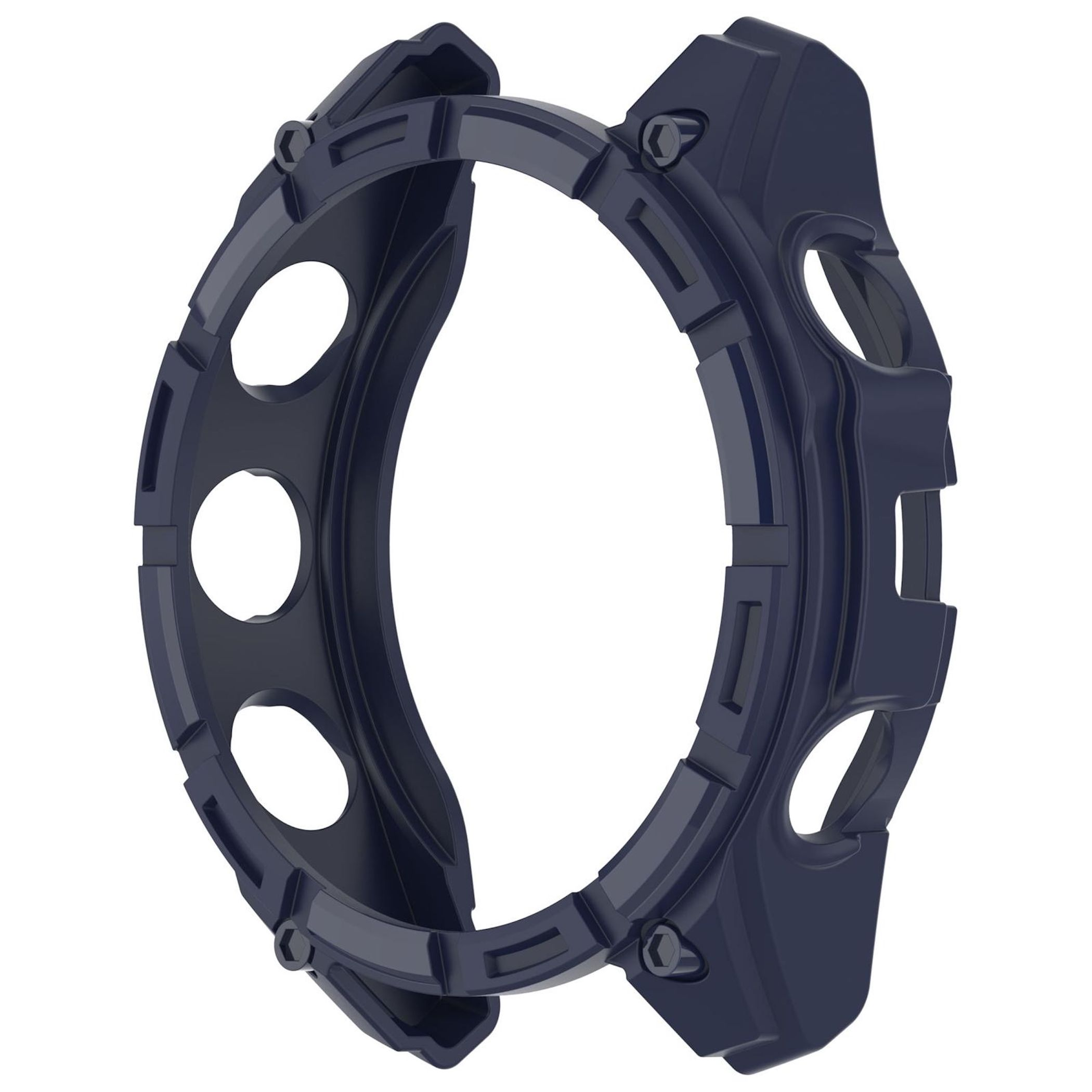 Custodia protettiva blu scuro per smartwatch con ritagli per i pulsanti e viti esagonali.