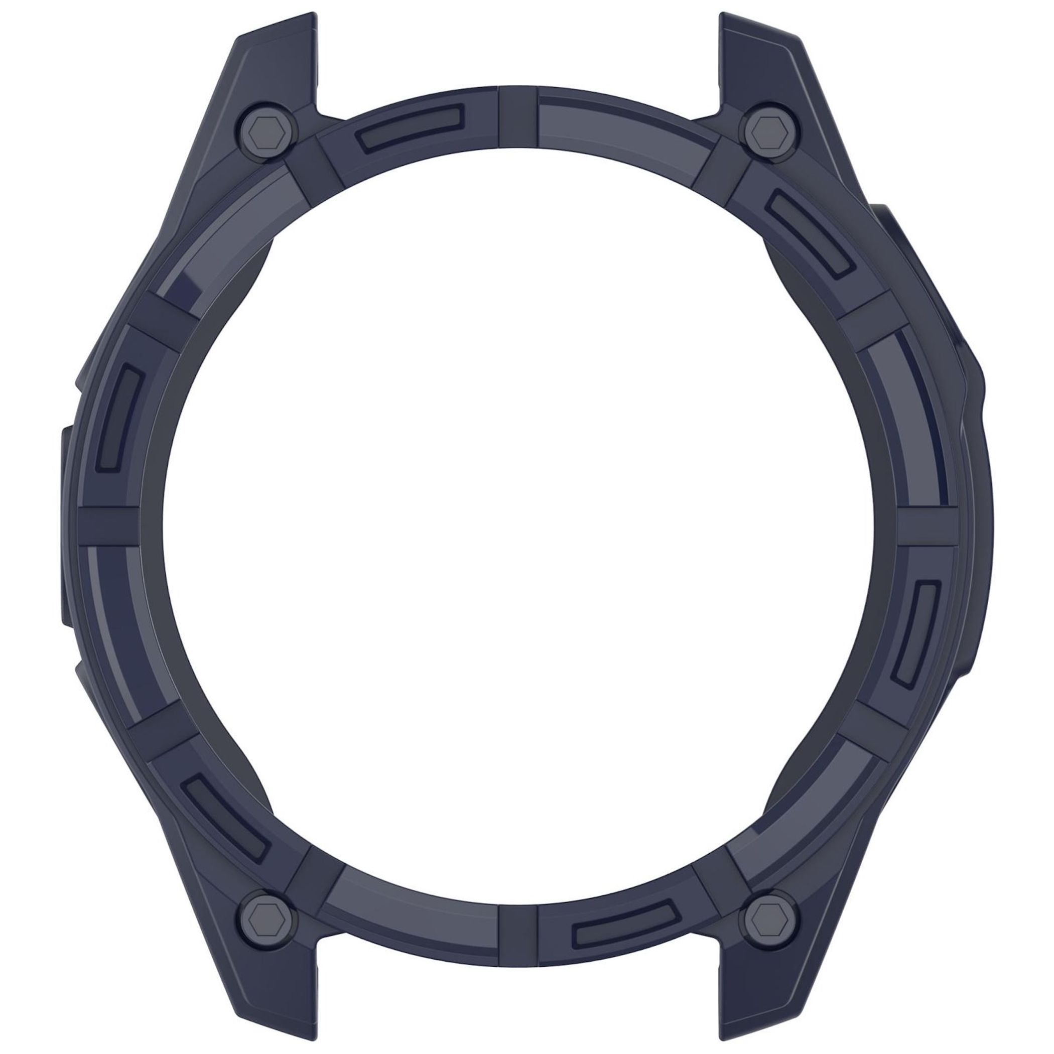 Cassa per orologio blu scuro dal design robusto, viti visibili e quattro alette di fissaggio su sfondo bianco.
