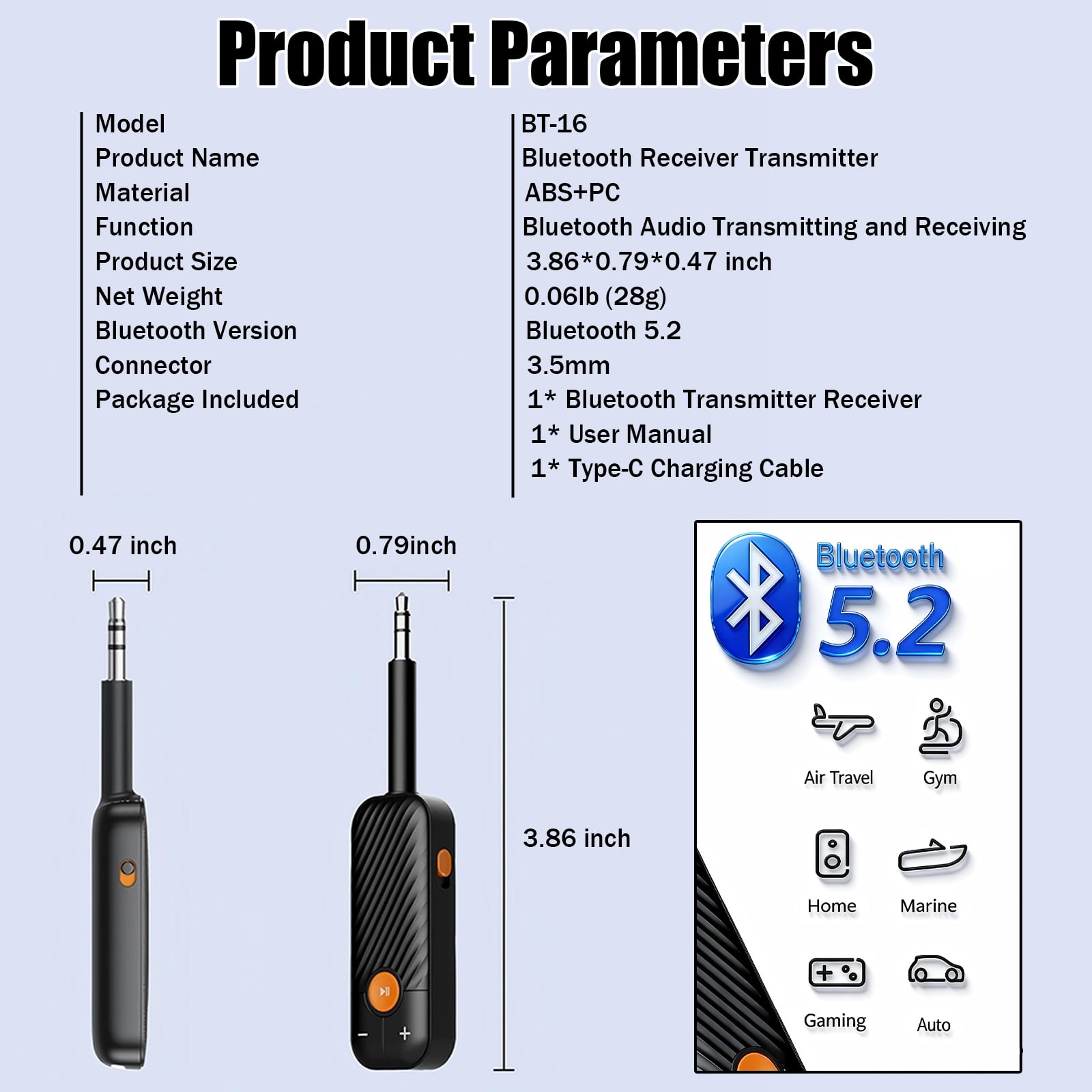 Produktspezifikationen und Abmessungen für den BT-16 Bluetooth-Empfänger und Sender.