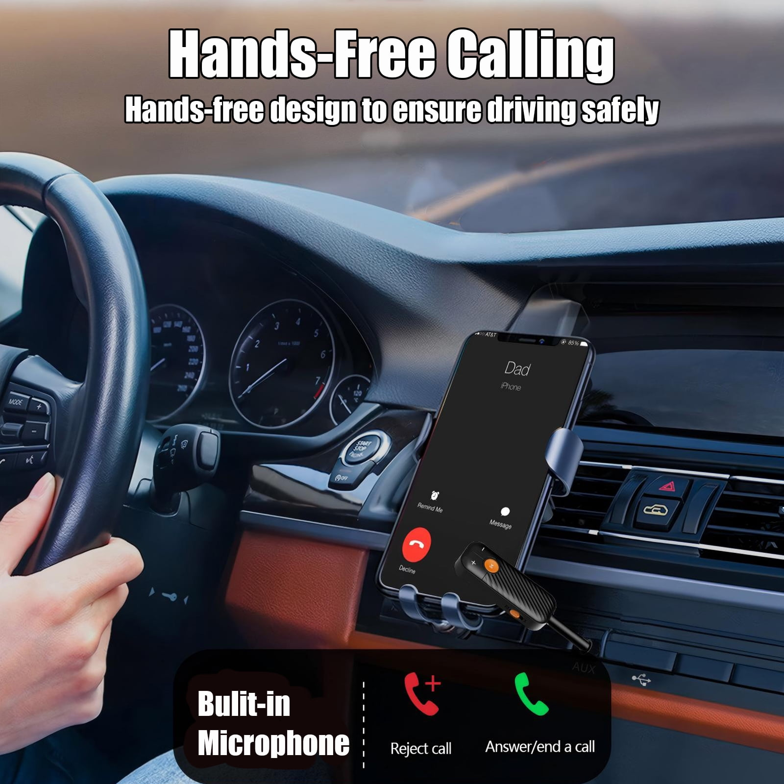 Ein Smartphone mit Freisprecheinrichtung ist an der Autolüftung befestigt.
