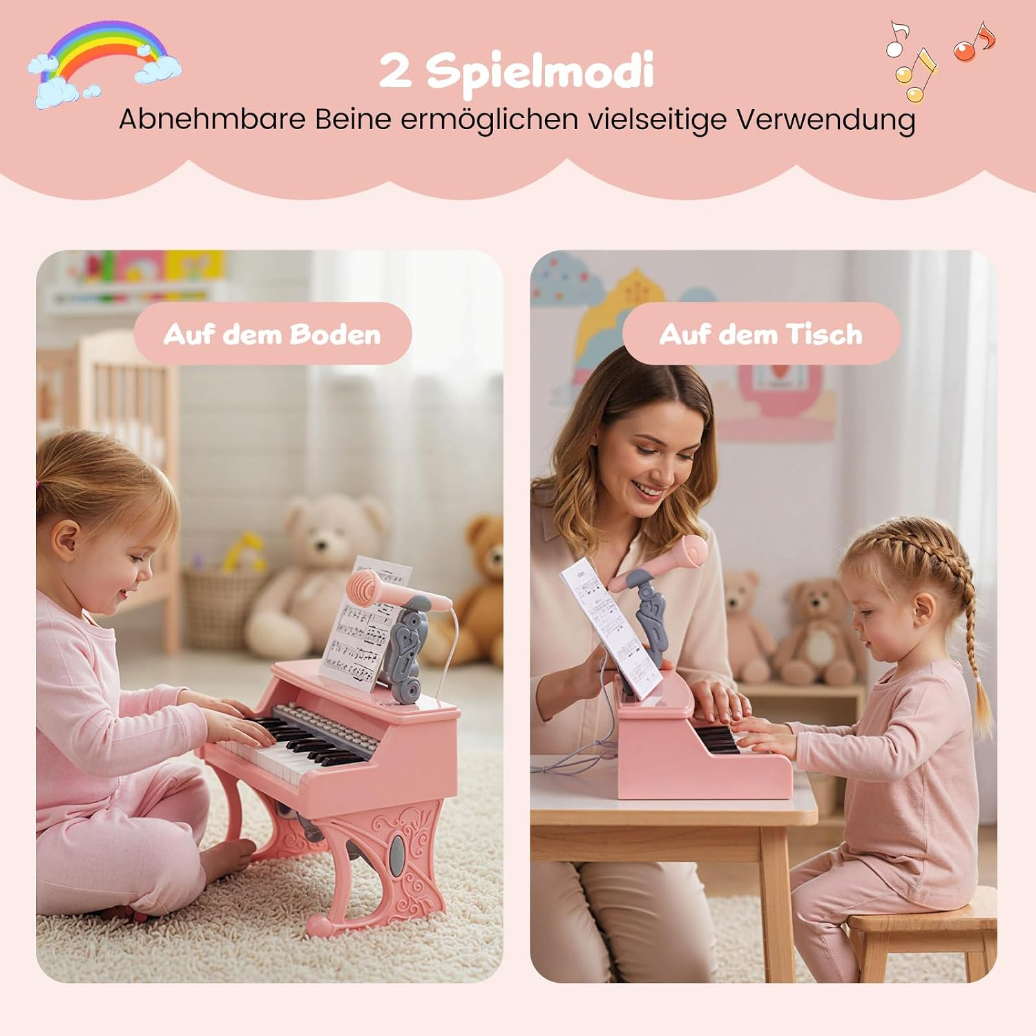 Kleinkind spielt mit einem rosa Spielzeugklavier, das auf dem Boden oder Tisch steht.