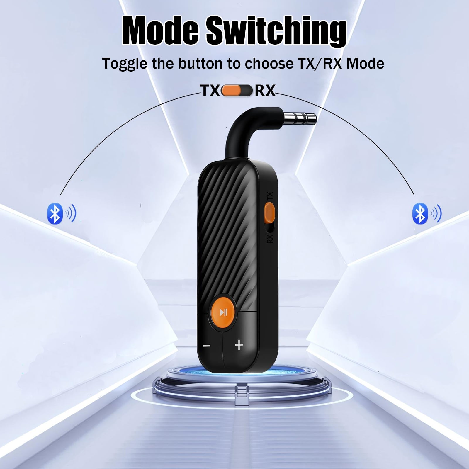 Ein schwarzer Bluetooth-Sender und -Empfänger mit einer TX/RX-Modus-Umschalttaste auf einem futuristischen Hintergrund.