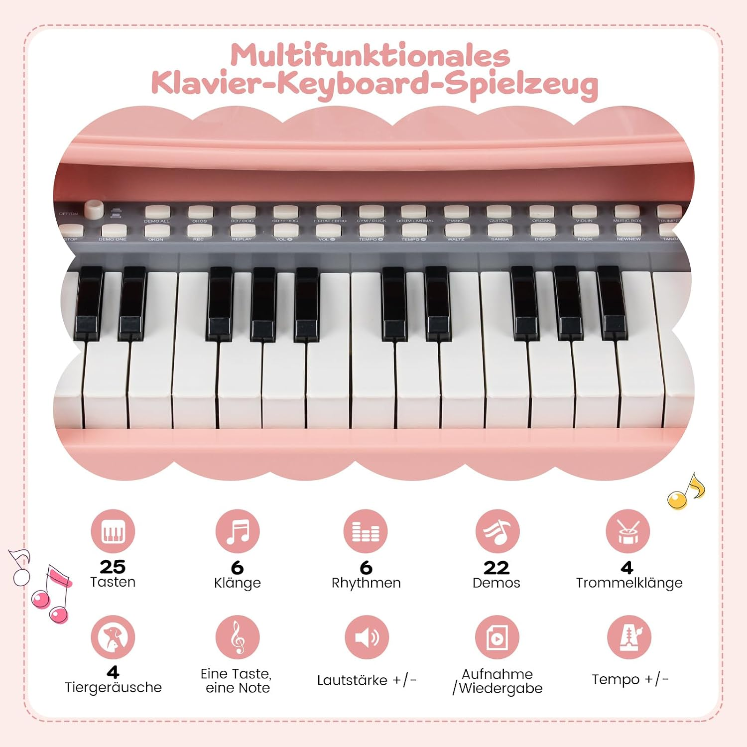 Rosa Spielzeug-Klavier-Keyboard mit Tasten und Funktionsbuttons und Symbolen unten.