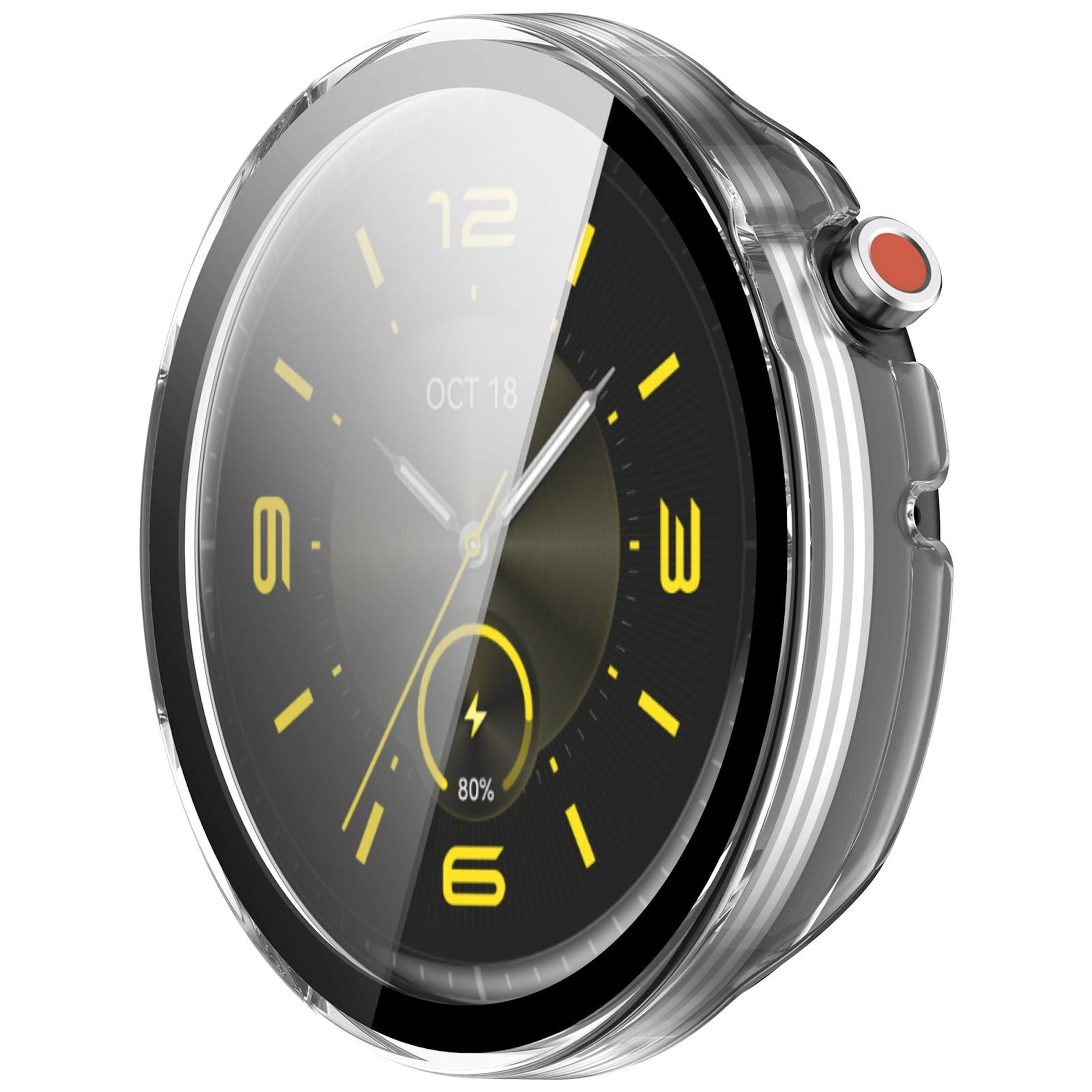 Uno smartwatch rotondo con quadrante nero, dettagli gialli e custodia trasparente.