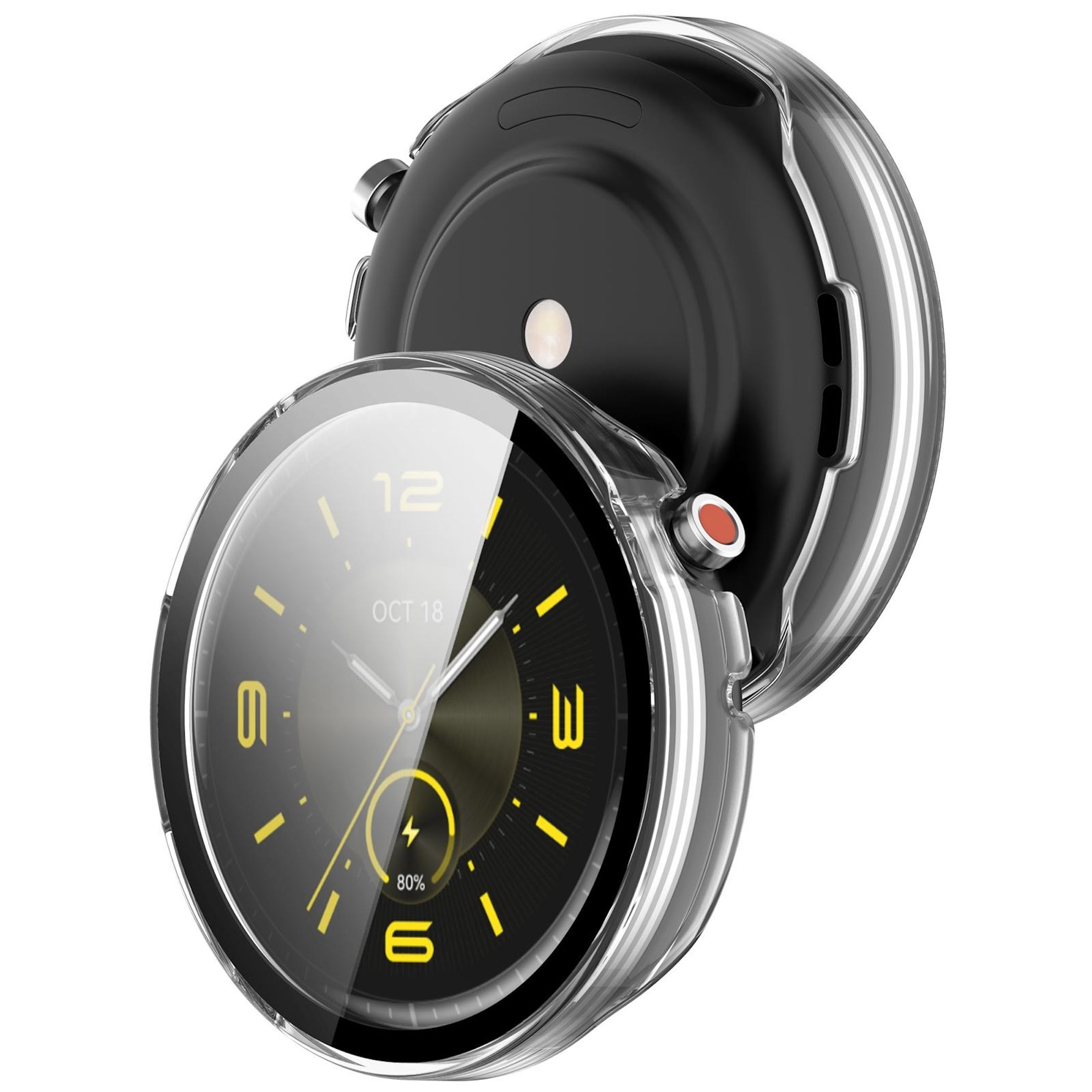 Uno smartwatch nero con dettagli gialli e custodia protettiva trasparente su sfondo bianco.