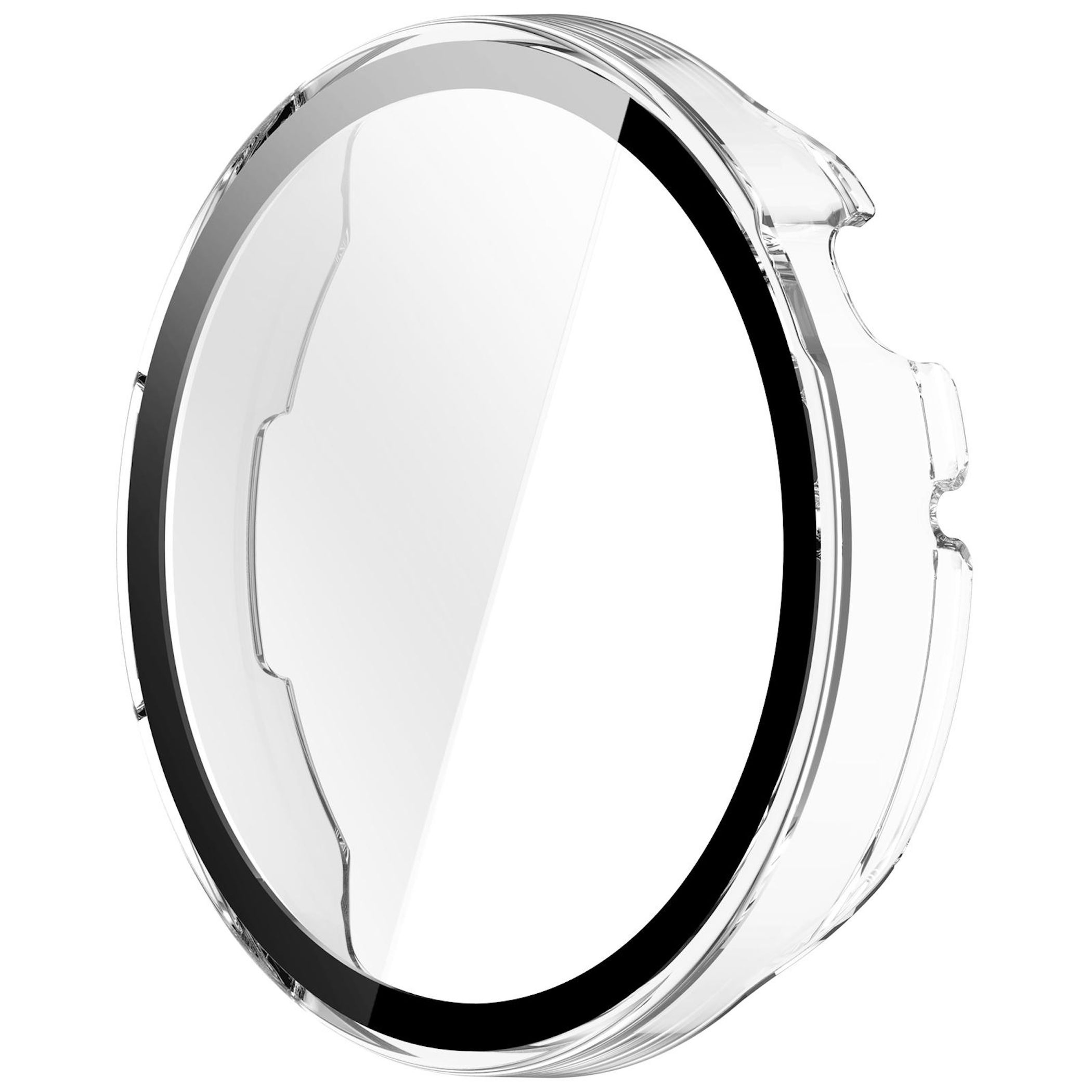 Una custodia protettiva trasparente per smartwatch circolare con ritagli per i pulsanti su sfondo bianco.