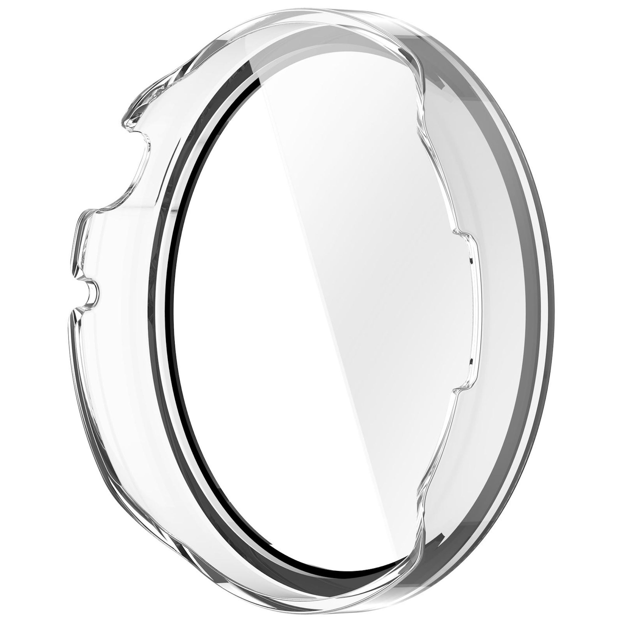 Custodia protettiva trasparente per smartwatch su sfondo bianco.