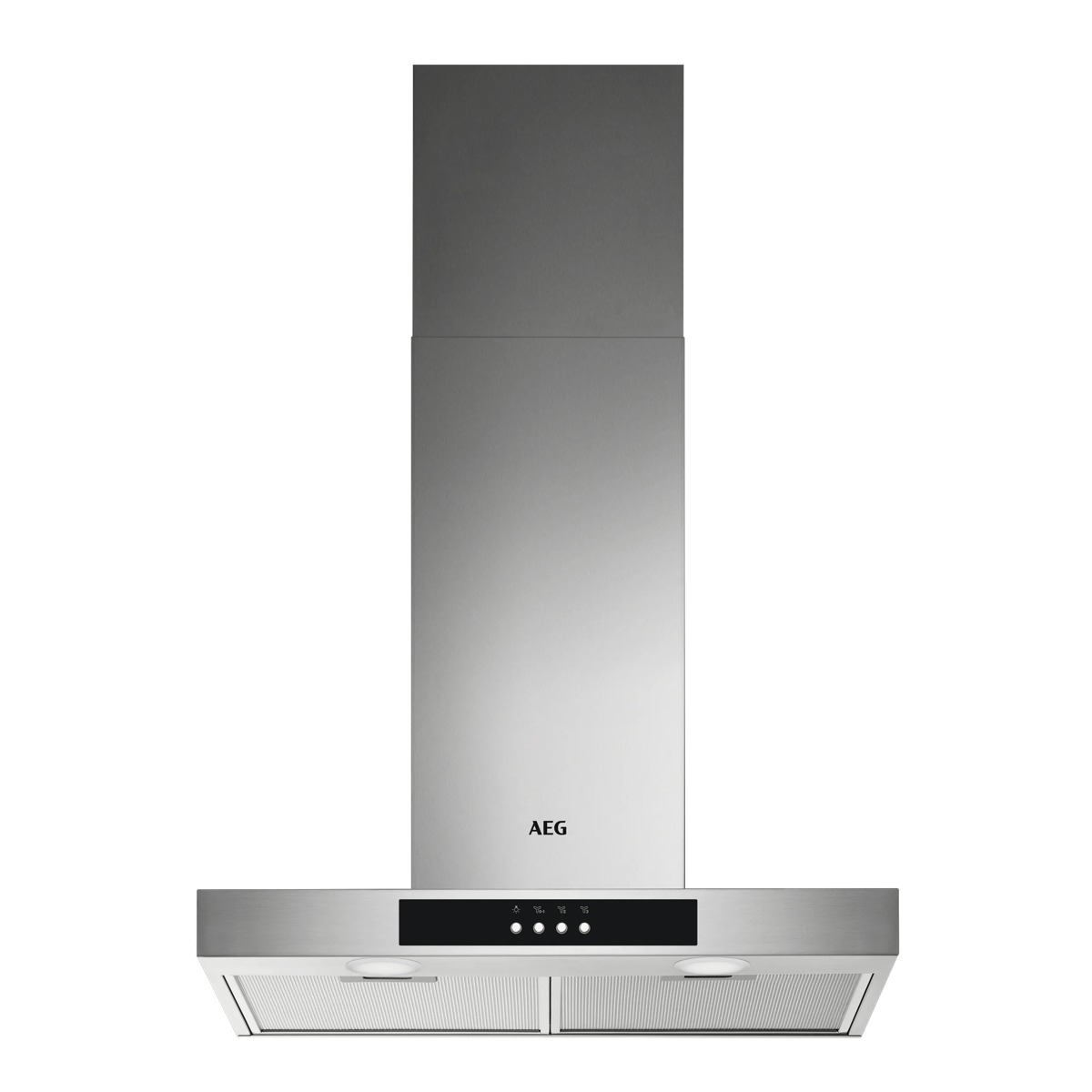 Moderna campana extractora de acero inoxidable AEG con iluminación LED y panel táctil.