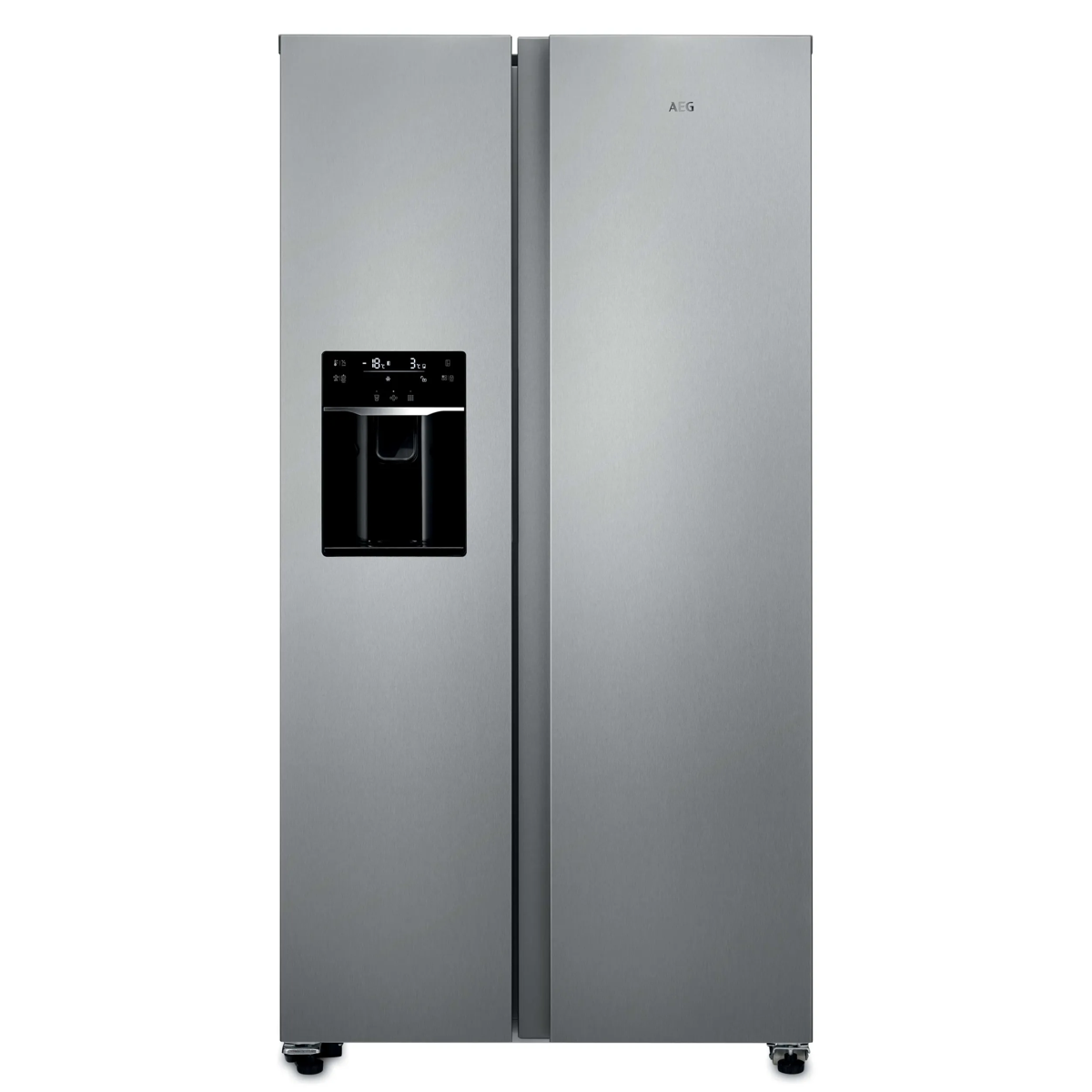Ein silberner AEB Side-by-Side-Kühlschrank mit digitalem Display und Wasserspender.