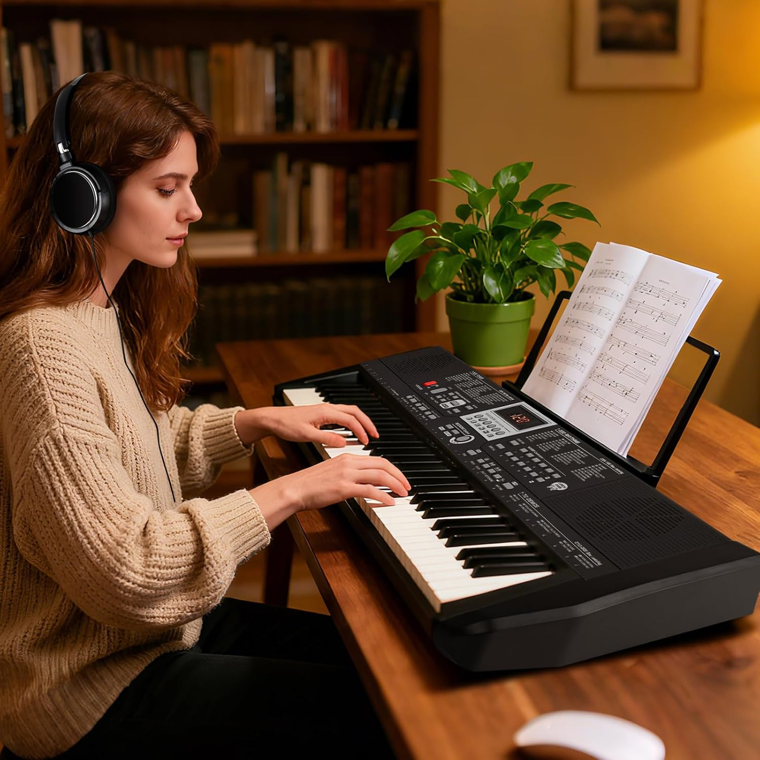 Eine Frau mit Kopfhörern spielt in einem gemütlichen Zimmer mit Bücherregal und Pflanze auf einer elektrischen Tastatur.