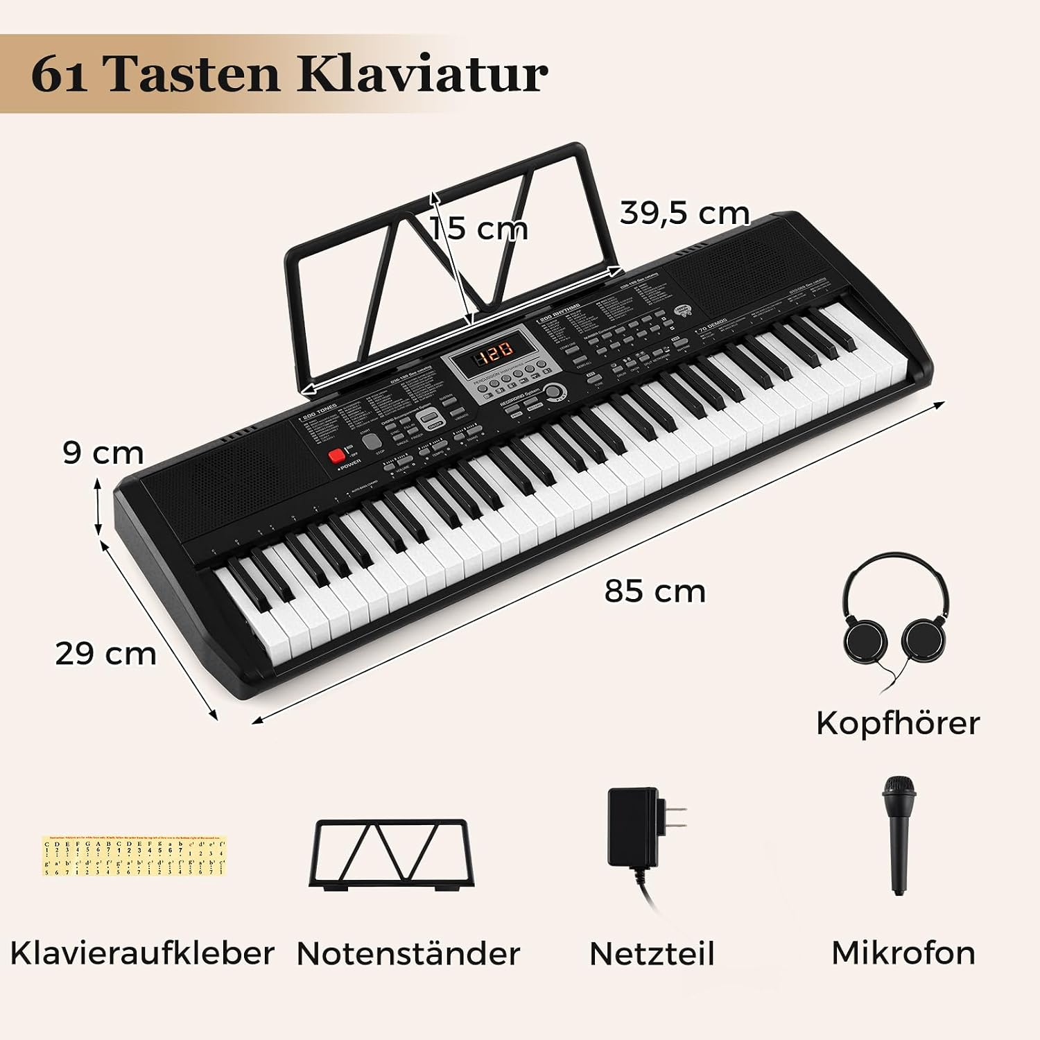 61-Tasten-Keyboard mit Maßen, Notenständer, Netzteil, Mikrofon und Kopfhörern.