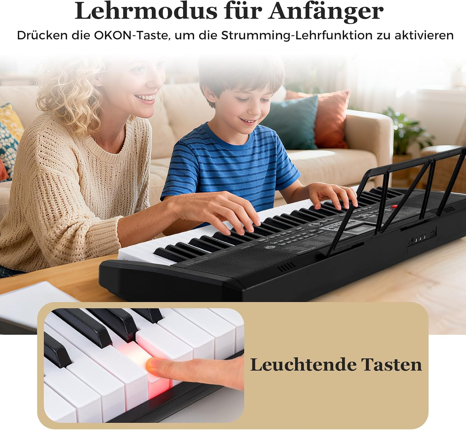 Eine Frau und ein Junge lernen zusammen auf einem elektronischen Keyboard mit leuchtenden Tasten.
