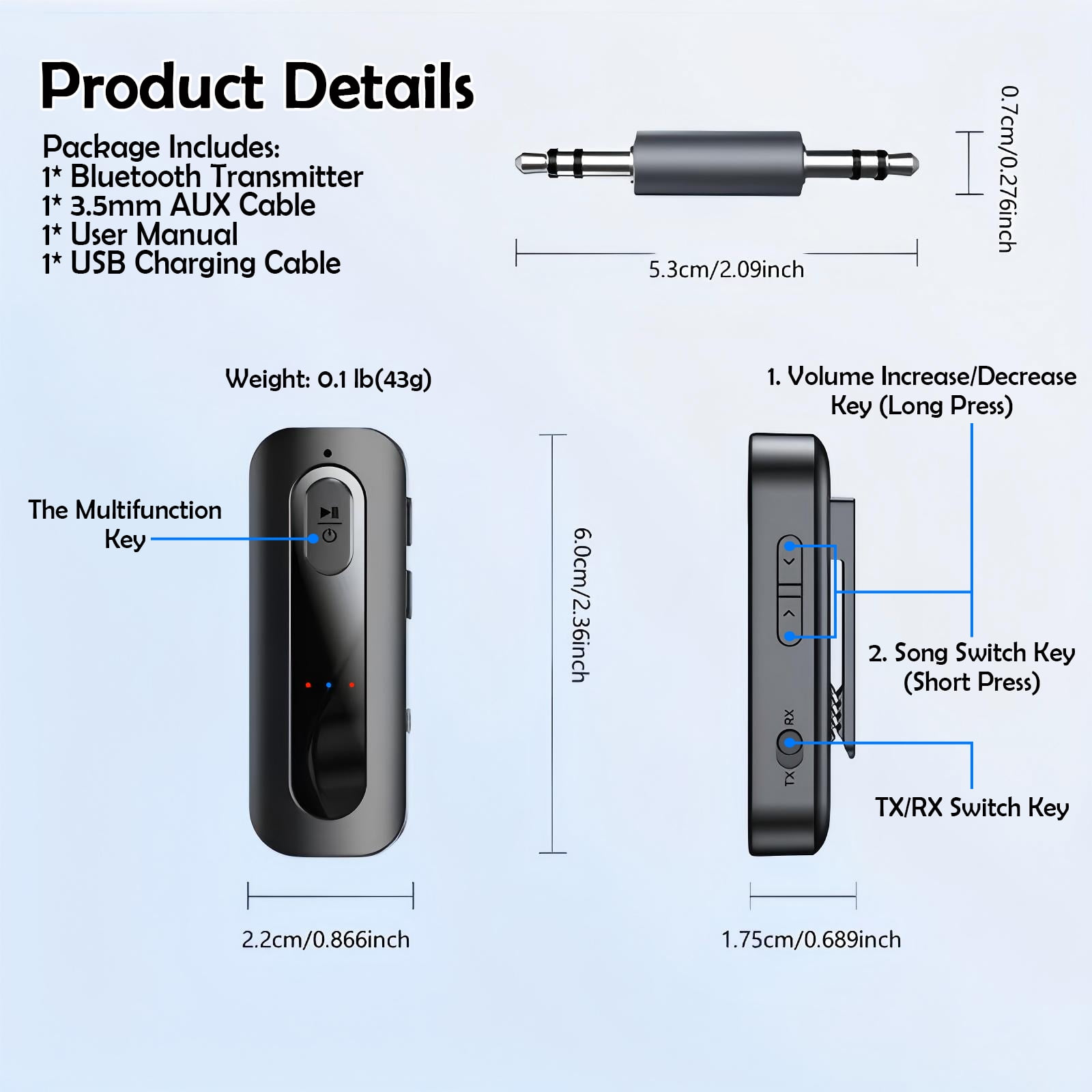 Produktdetails für Bluetooth-Sender mit Abmessungen, Tastenfunktionen und Verpackungsinhalt.