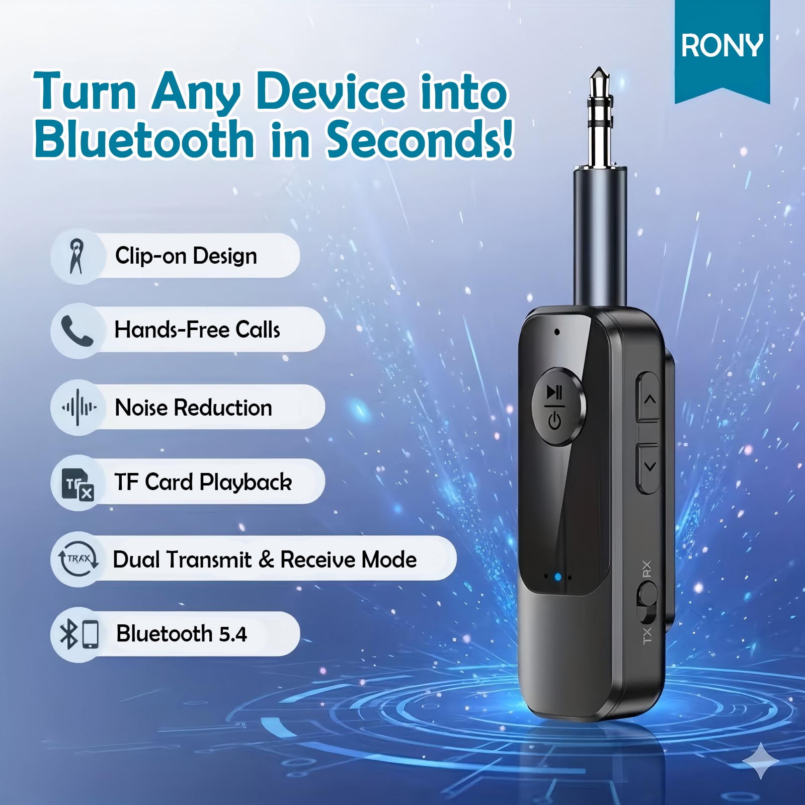 Ein schwarzer Bluetooth-Audioadapter mit Klinkenstecker und Funktionssymbolen vor blauem Hintergrund.