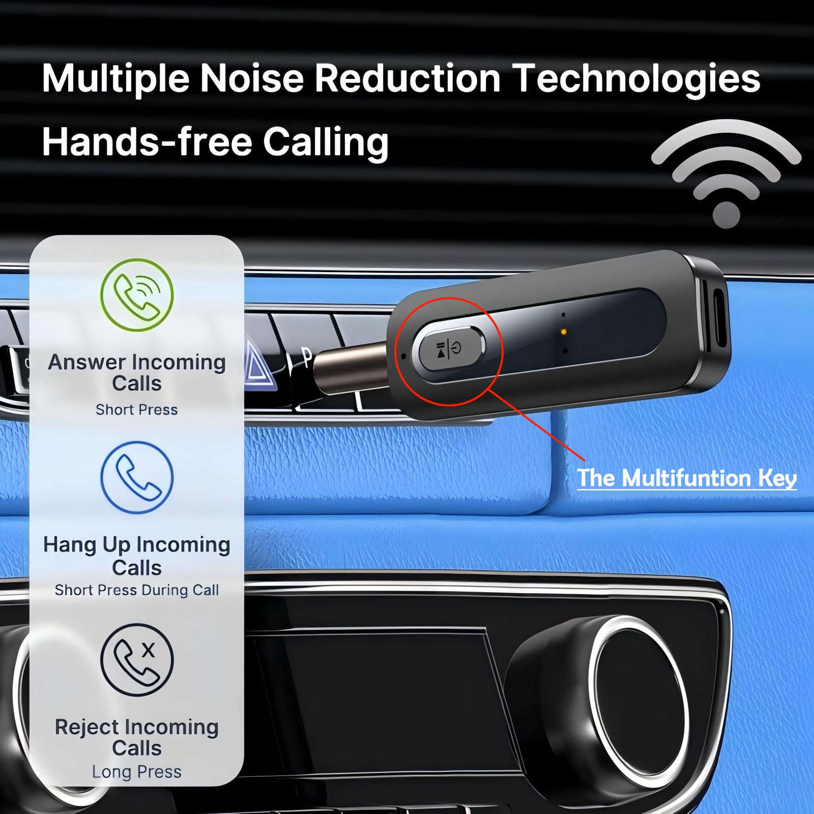Bluetooth-Autoadapter mit Multifunktionstaste und Anruffunktionen.