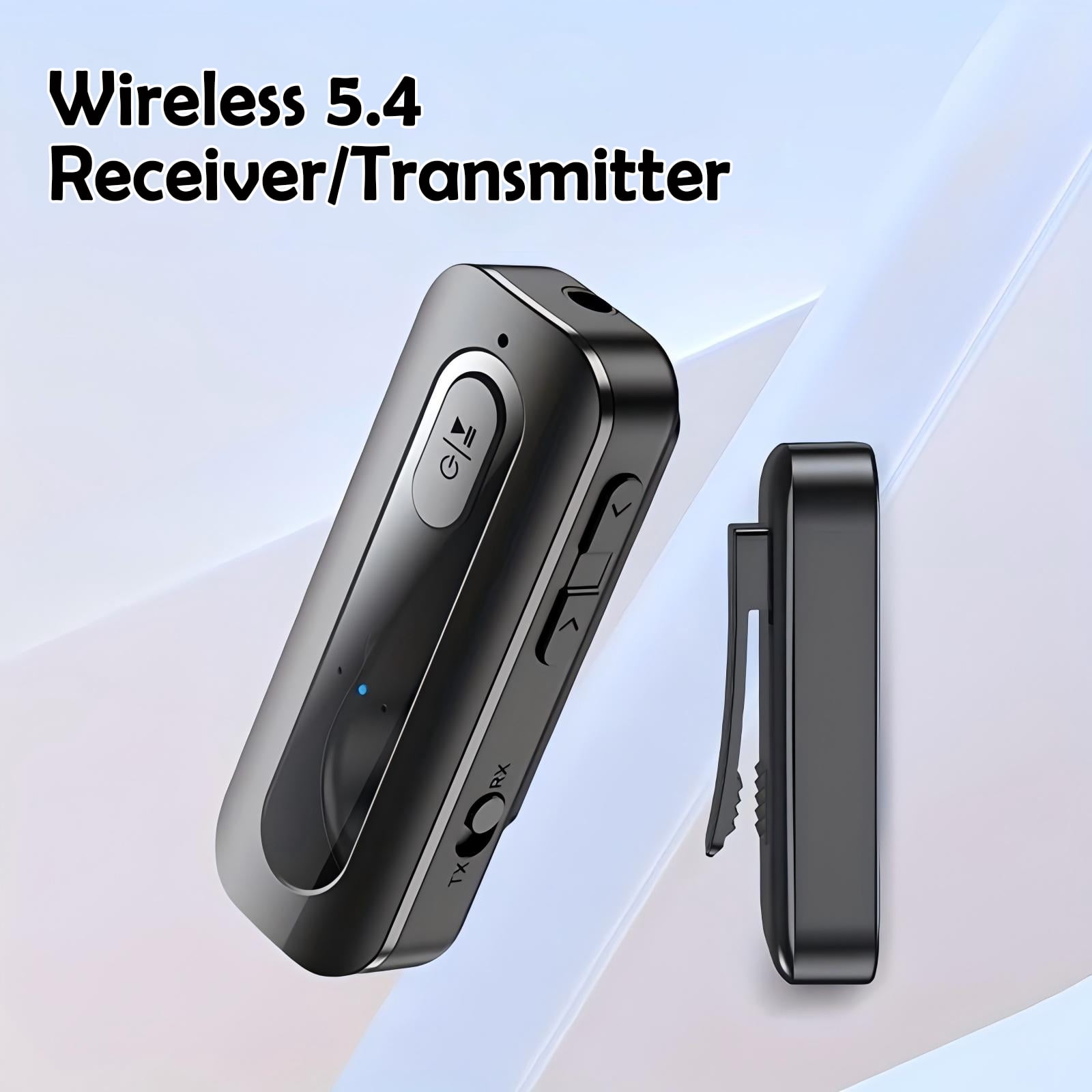 Schwarzer Wireless 5.4 Receiver und Transmitter mit Clip auf der Rückseite vor hellem Hintergrund.