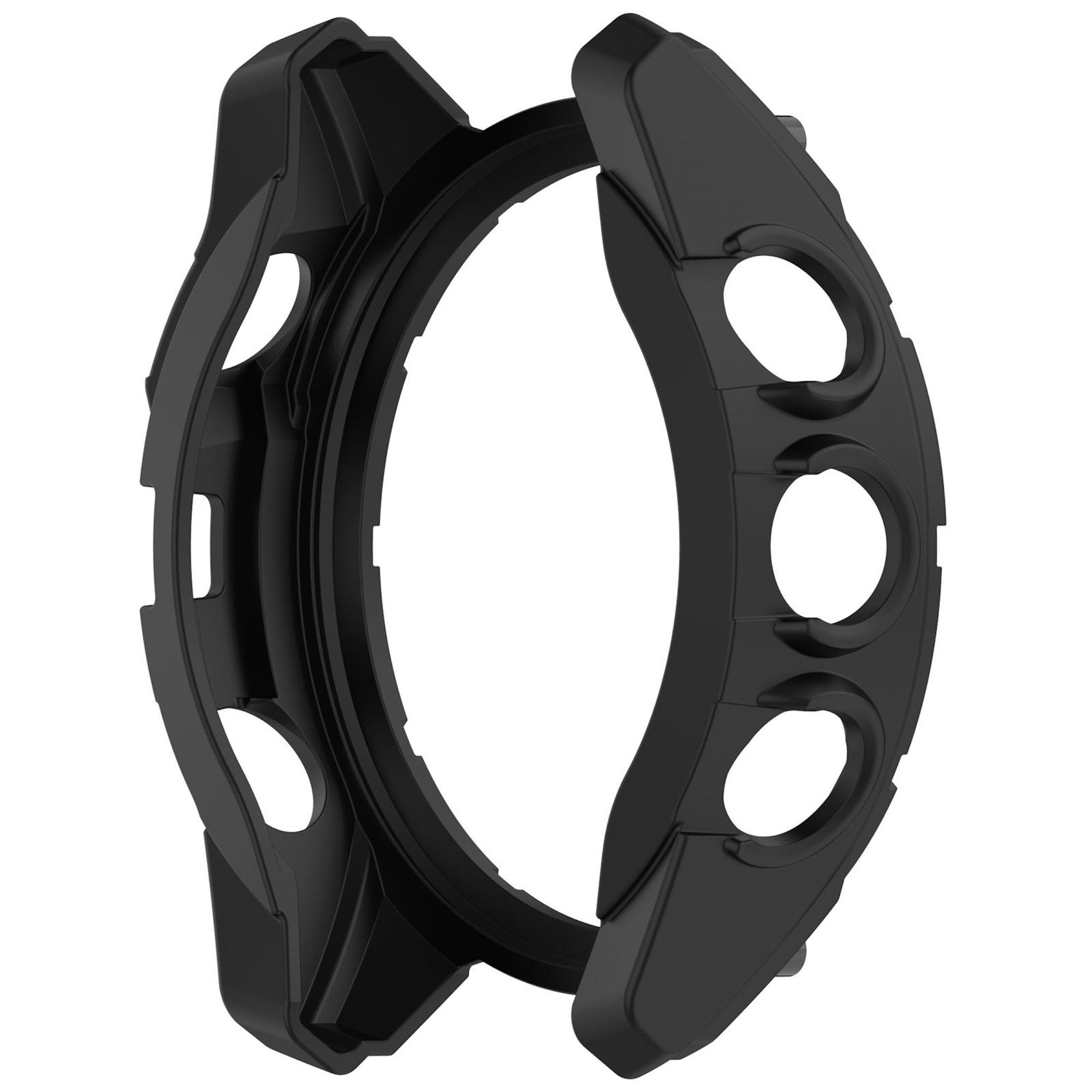 Cassa per orologio nera con aperture rotonde per pulsanti e porte su sfondo bianco.
