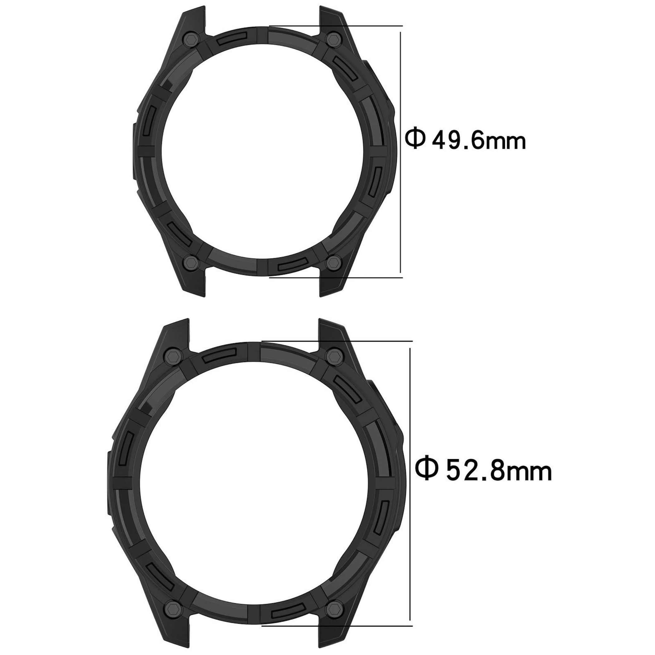 Il diagramma mostra due casse per orologi nere di 49.6 mm e 52.8 mm.
