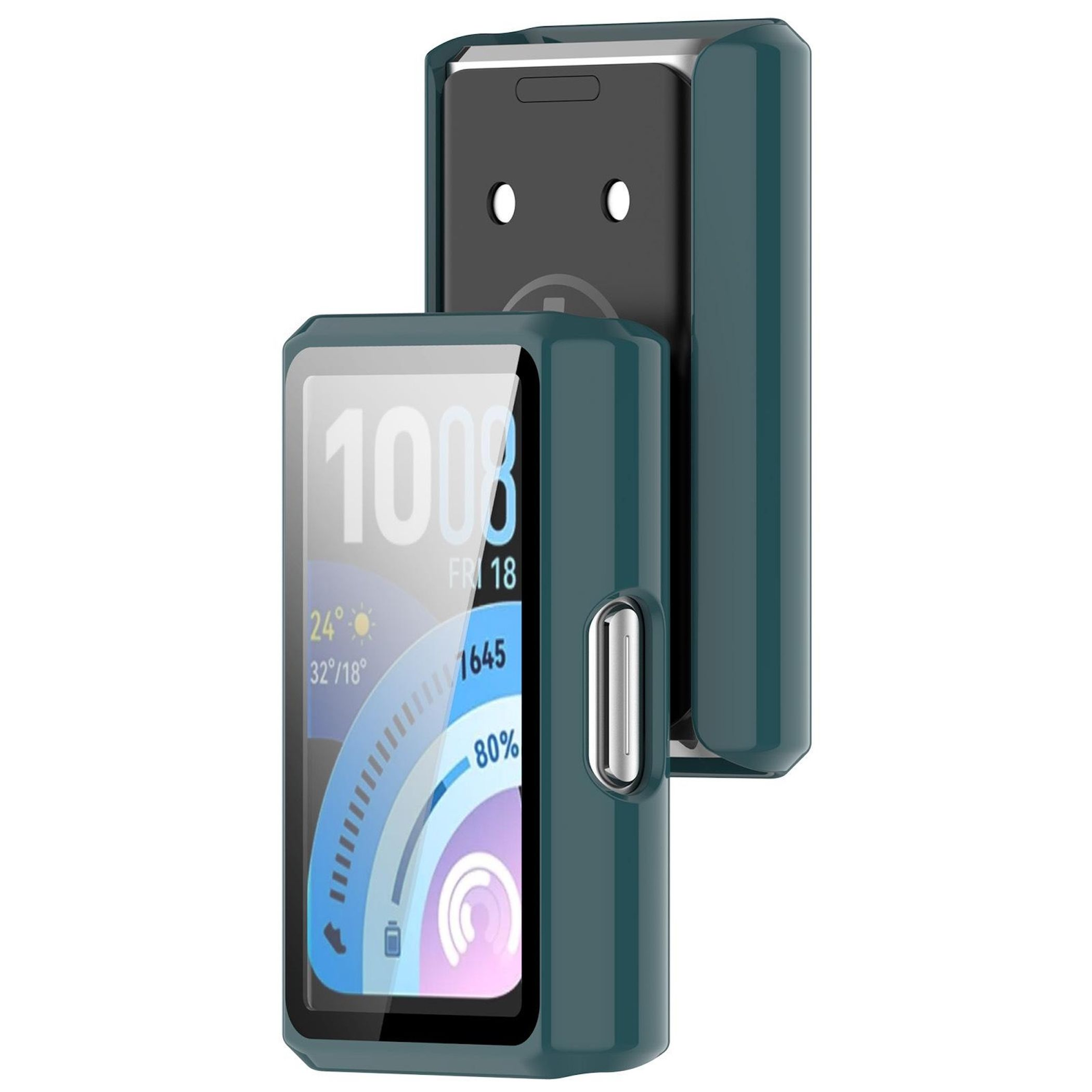 Un dispositivo elettronico scuro e rettangolare in una custodia in silicone verde scuro con display digitale.