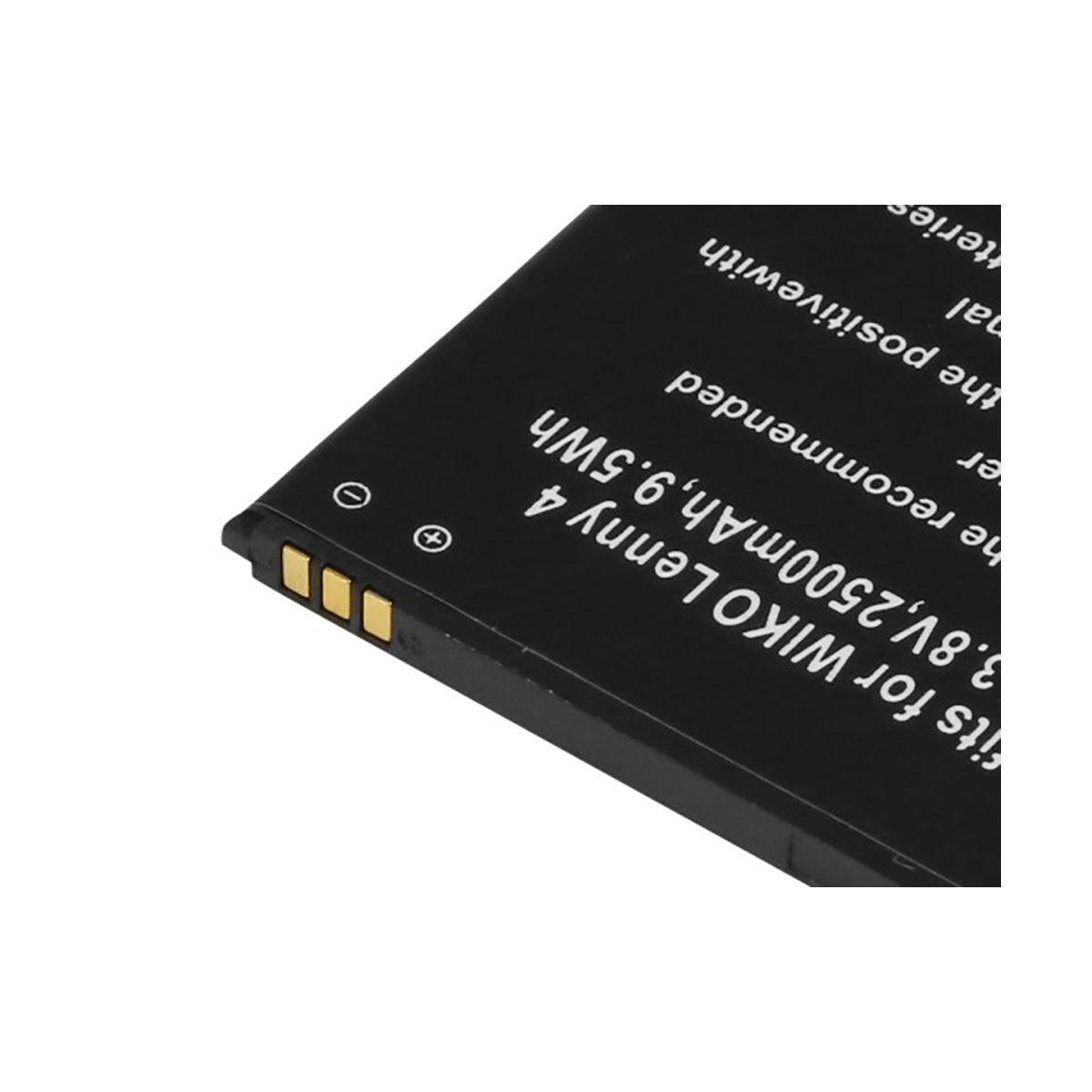 Primo piano di una batteria per smartphone nera con testo e contatti dorati.