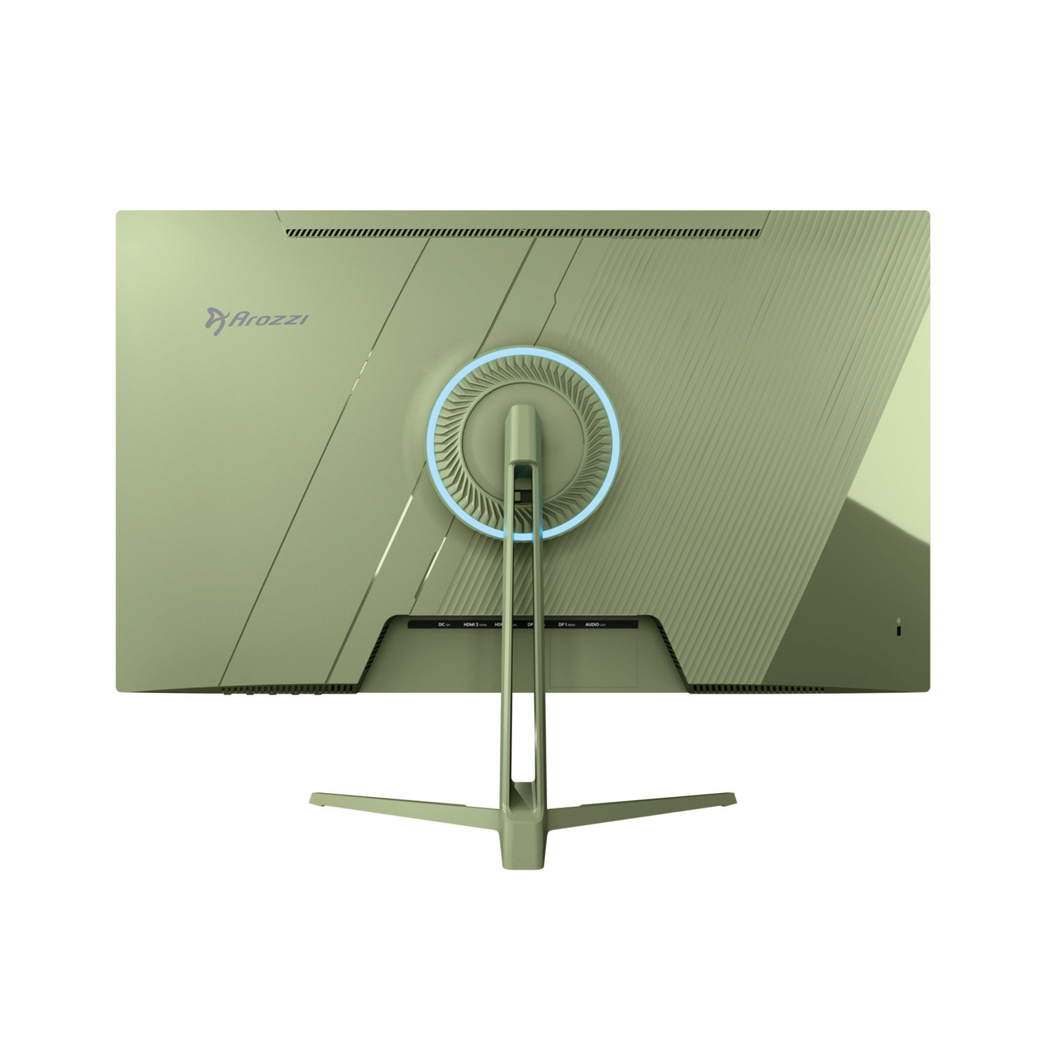 Rückansicht eines olivgrünen Arozzi-Computermonitors mit blau beleuchtetem Ring und ständer auf weißem Hintergrund.