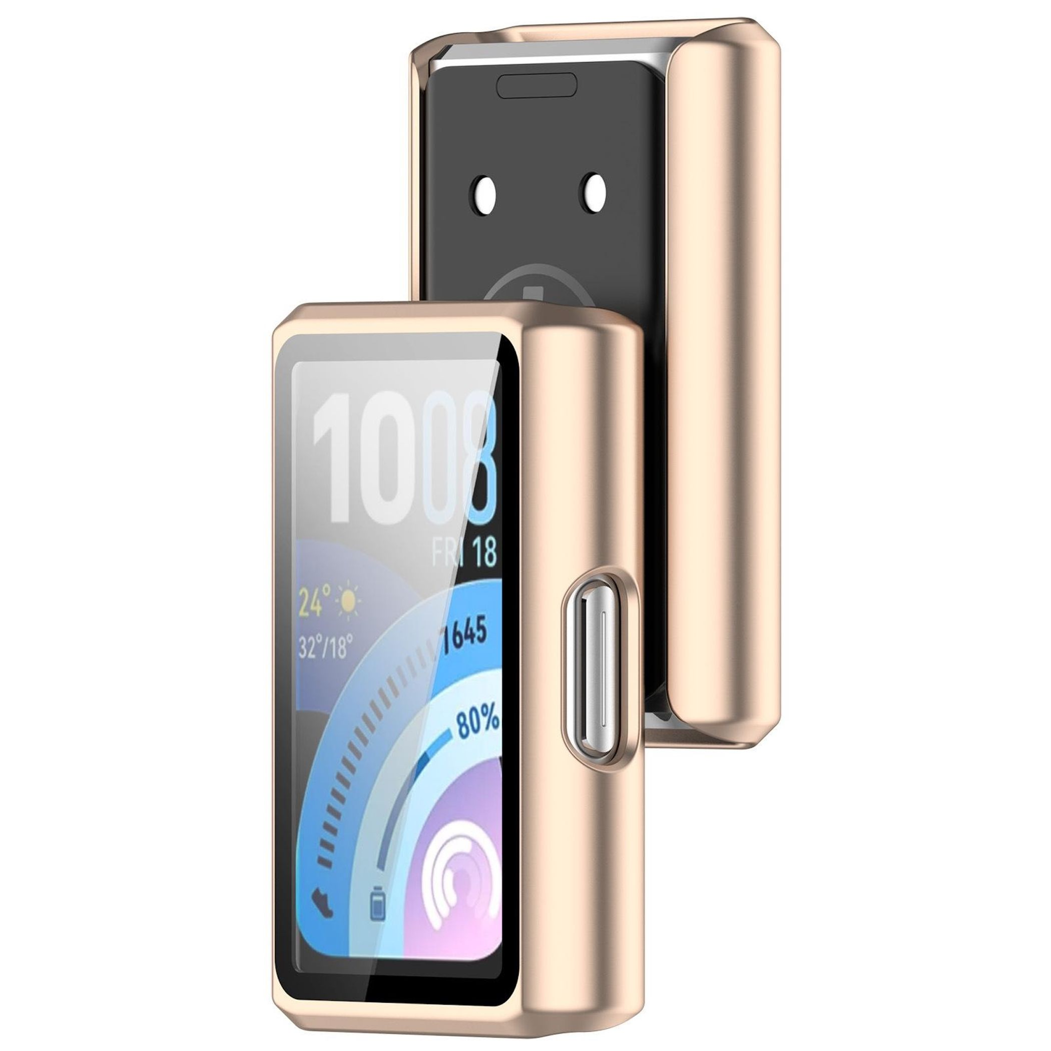 Zwei goldene Vapes mit digitalen Bildschirmen vor weißem Hintergrund.