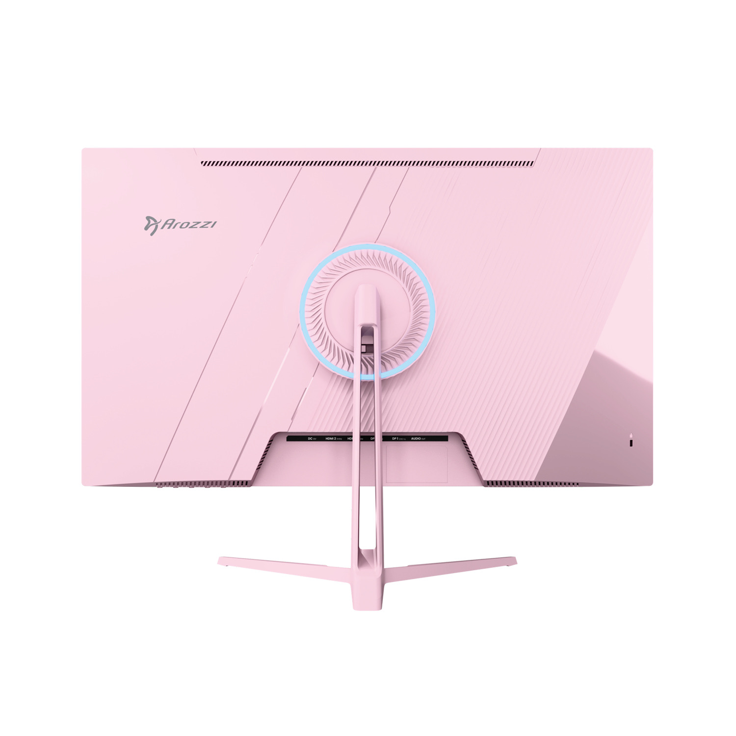Rückansicht eines rosa Arozzi-Computermonitors mit Ständer und blauer Ringbeleuchtung auf weißem Hintergrund.