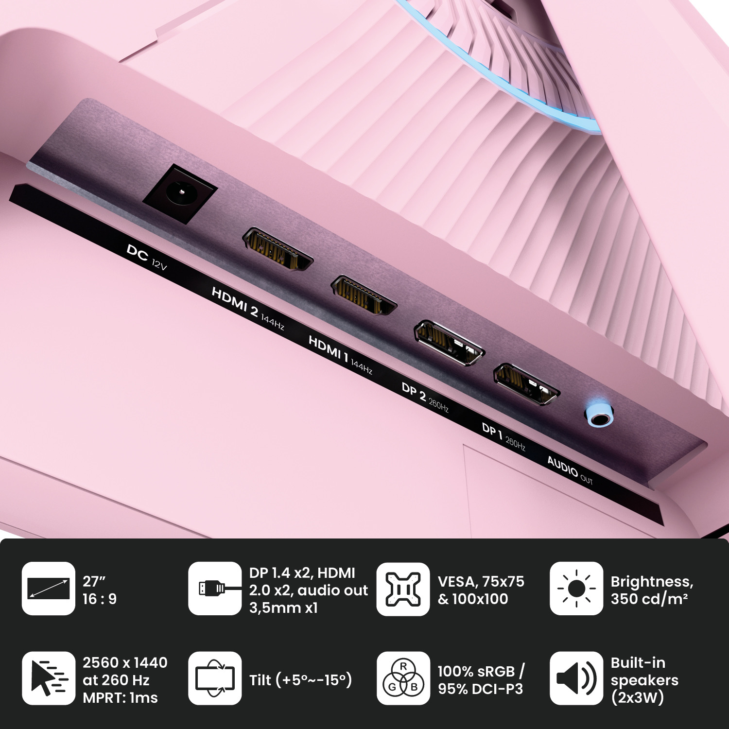 Die Rückseite eines rosa Monitors zeigt Anschlüsse wie HDMI und DisplayPort sowie Icons mit technischen Spezifikationen.