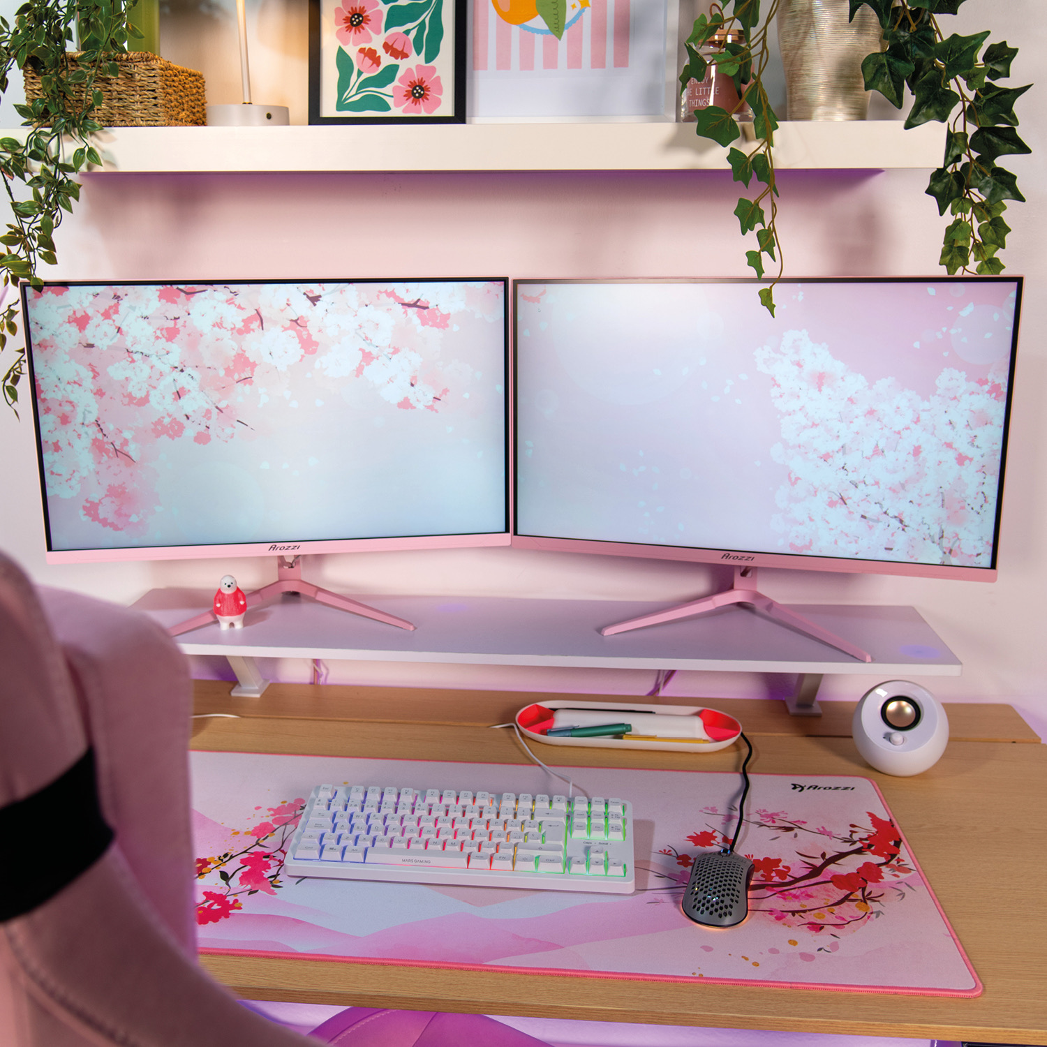 Rosa Schreibtisch-Setup mit zwei Monitoren, Tastatur, Maus und Blumen-Mauspad unter einem Regal mit Pflanzen.