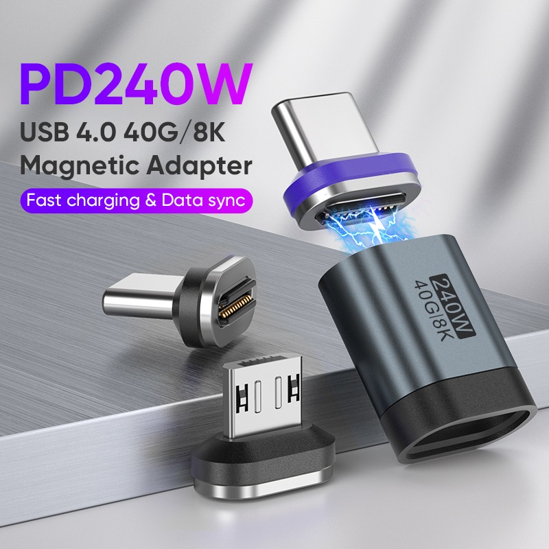 PD240W magnetischer USB-C-Adapter mit Schnellladung und Datensync, mit Steckern und blauen Funken.