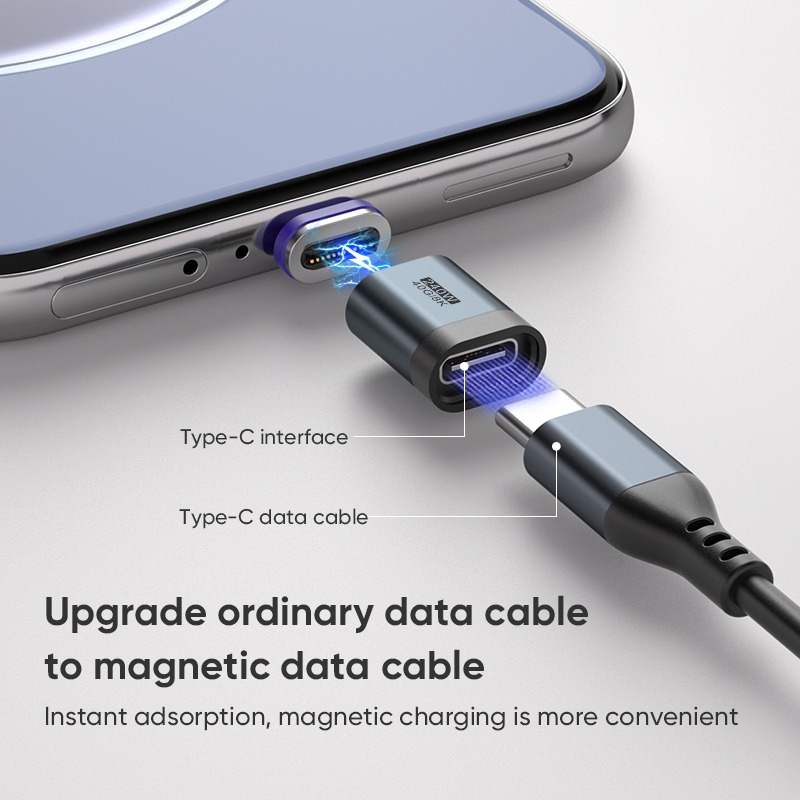 Ein magnetischer USB-C-Adapter verbindet sich mit einem Smartphone-Ladeanschluss und einem Datenkabel.