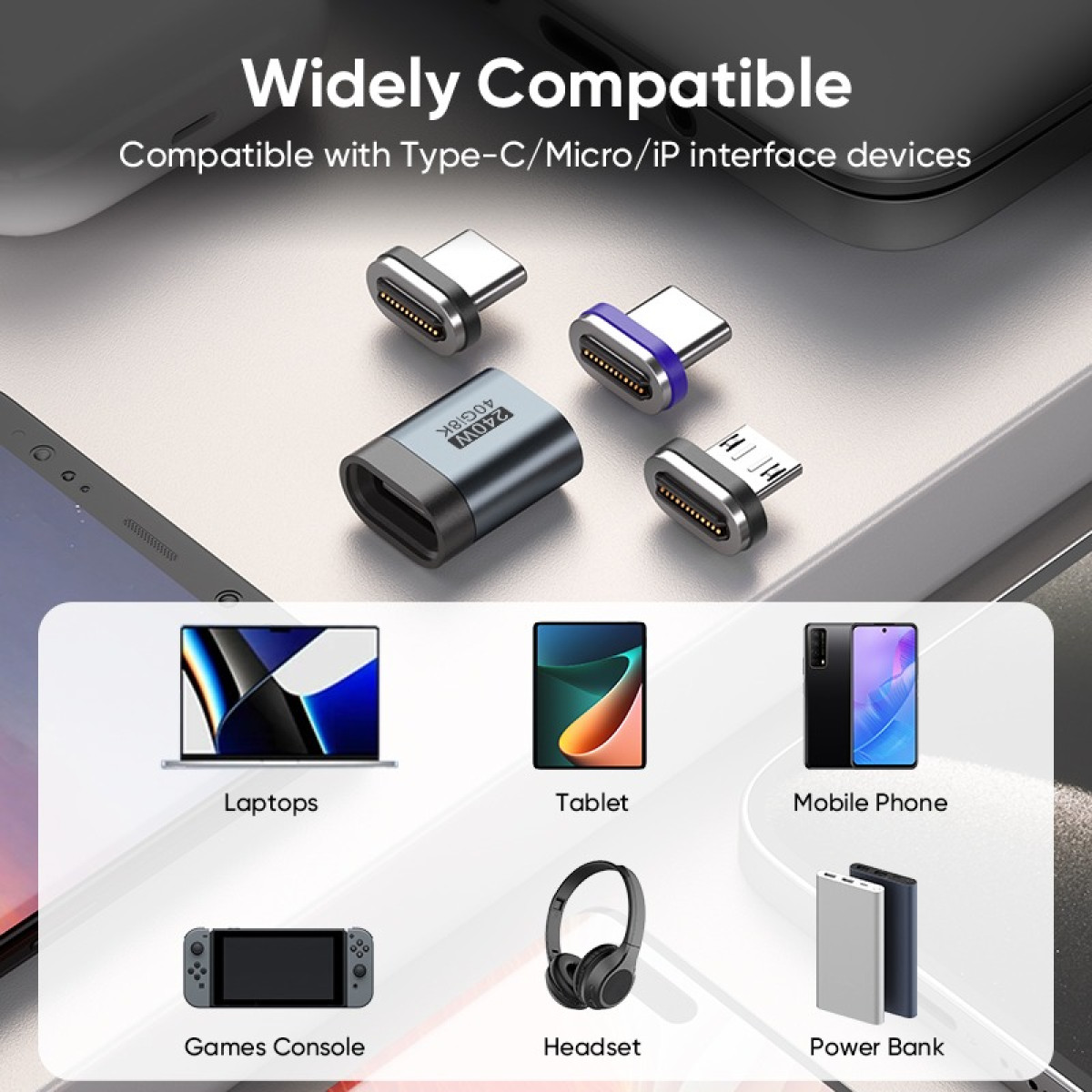 Magnetische Adapter und Basisadapter mit Symbolen für kompatible Geräte wie Laptops, Tablets und Handys.