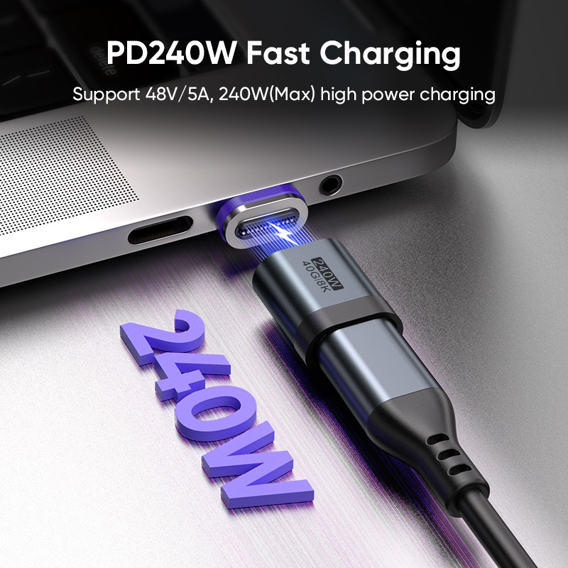 Ein magnetischer USB-C-Anschluss verbindet sich mit einem Laptop, text oben wirbt für 240W schnelles Laden.