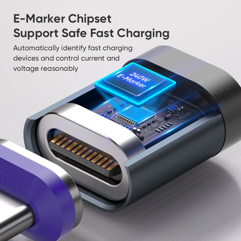 Querschnitt eines USB-C-Steckers mit hervorgehobenem blauen 240W E-Marker-Chip für sicheres Laden.