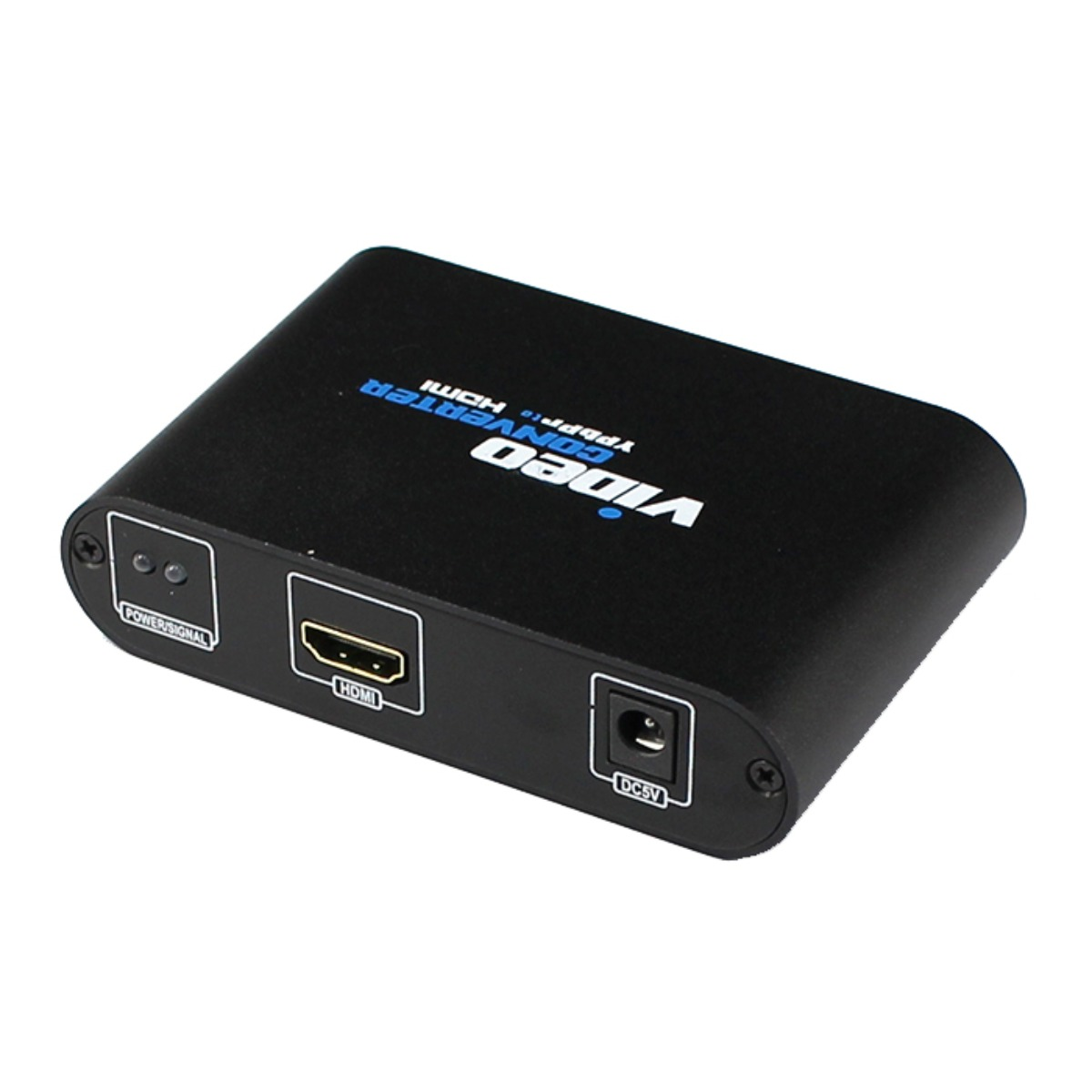 Schwarzer Video-Konverter mit HDMI-Anschluss, Strom-Buchse und Status-LEDs auf weißem Hintergrund.