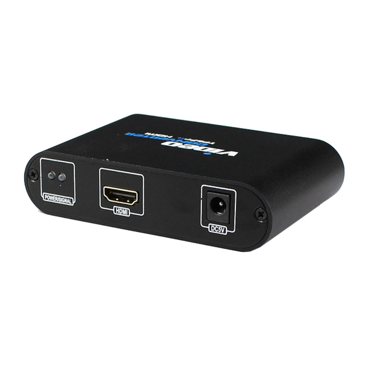 Schwarzes Videokonverter-Gerät mit HDMI-Anschluss, Strom-Anzeige und DC5V-Netzteilbuchse auf weißem Hintergrund.