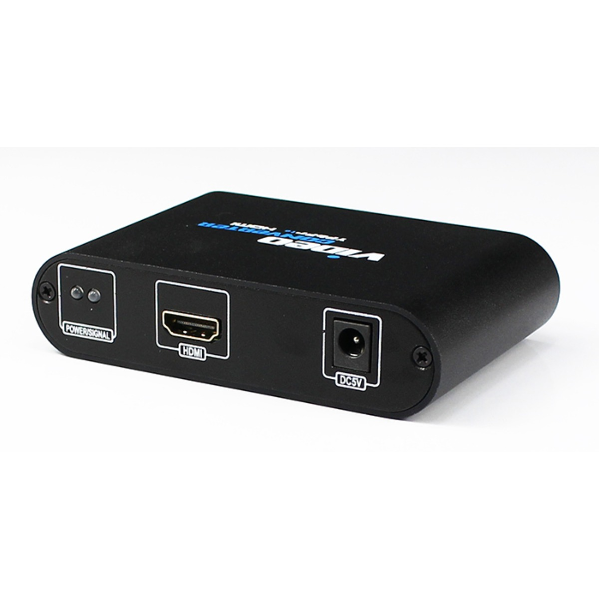 Eine schwarze Video-Converter-Box auf weißer Oberfläche mit Betriebsleuchten, HDMI-Anschluss und DC5V-Buchse.