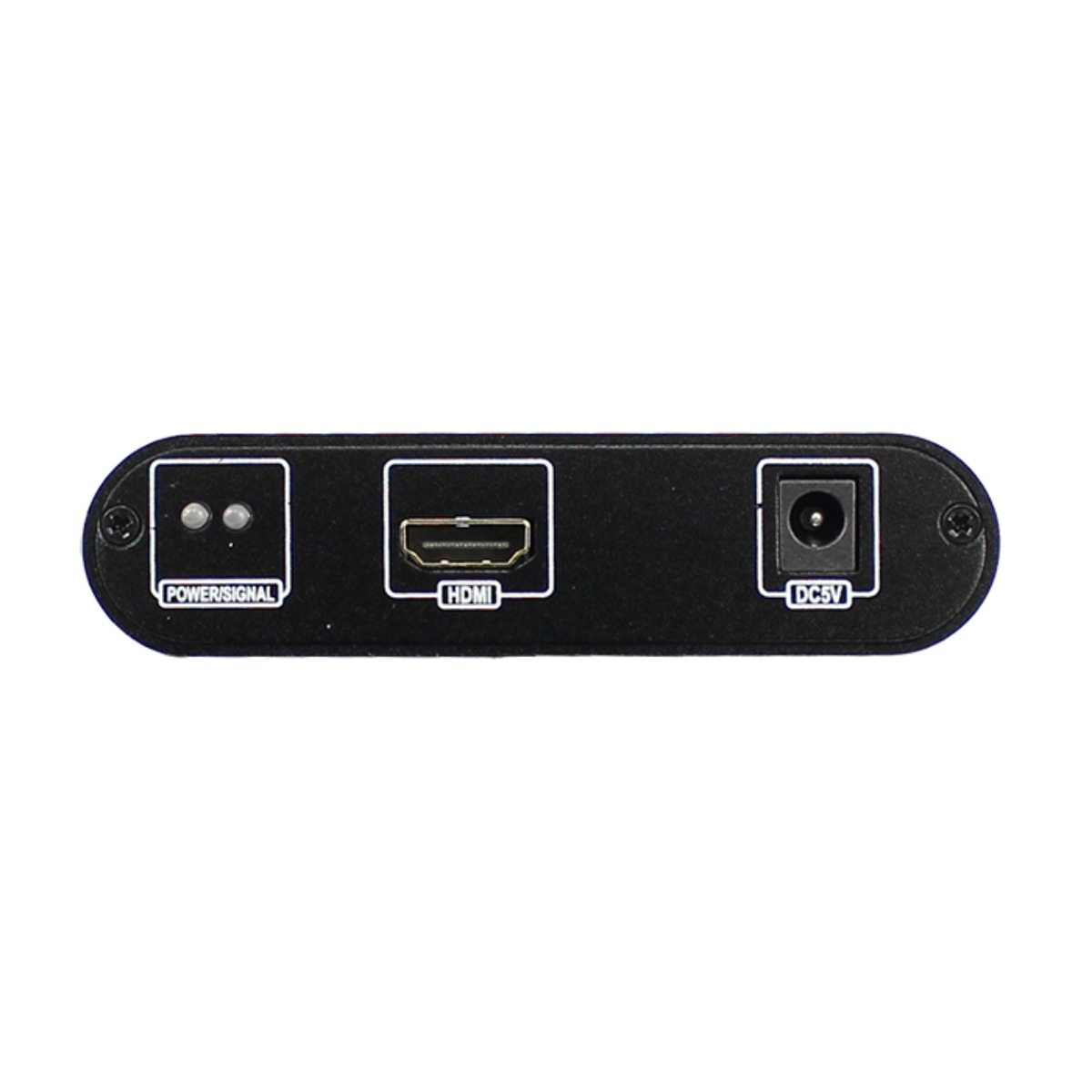 Rückseite eines schwarzen Elektronikgeräts mit Power/Signal-LEDs, HDMI-Anschluss und DC 5V-Stromeingang.