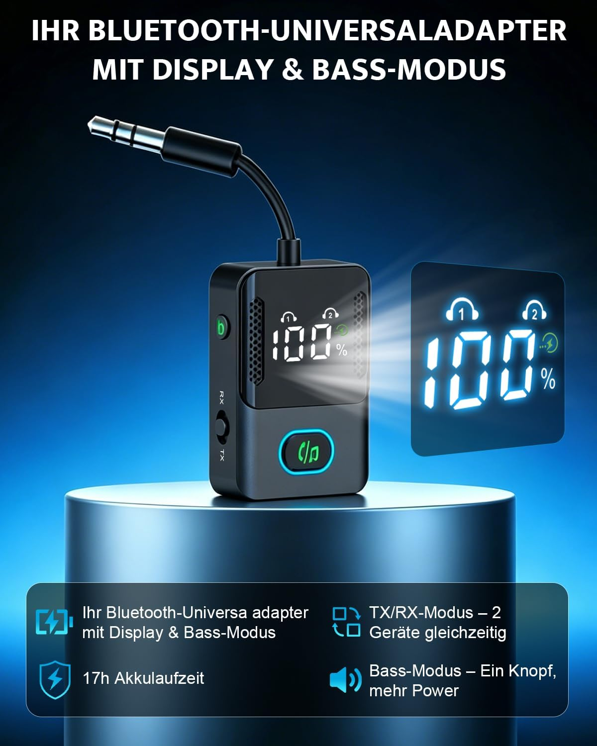 Schwarzer Bluetooth-Universaladapter mit Display, AUX-Stecker und blauer LED-Anzeige auf einem Podest.
