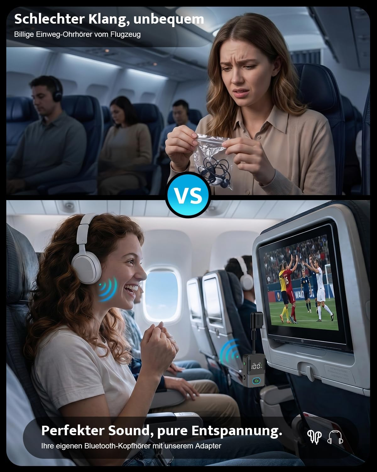 Vergleich von unbequemen Einweg-Kopfhörern im Flugzeug mit perfektem Sound durch kabellose Bluetooth-Kopfhörer.