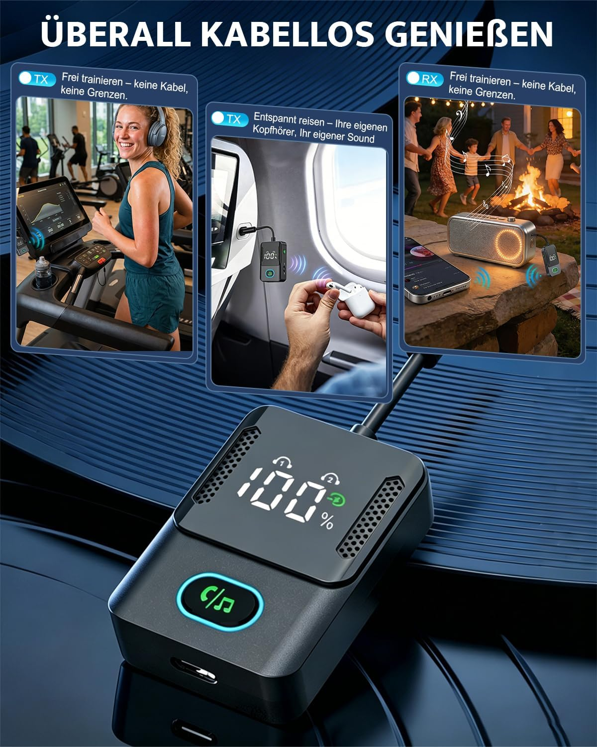 Bluetooth-Audio-Adapter mit Display und Szenen für Fitness, Reisen und Party.