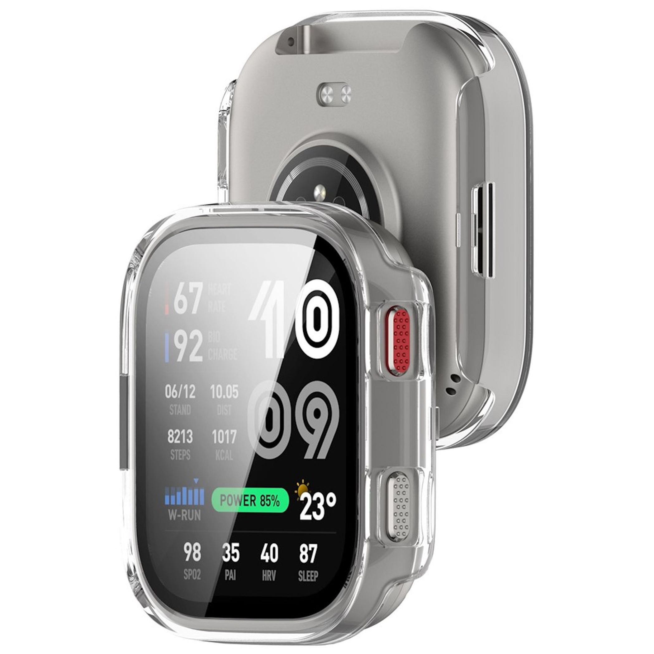 Front- und Rückansicht einer rechteckigen Smartwatch mit einer klaren Schutzhülle und einem schwarzen Display.