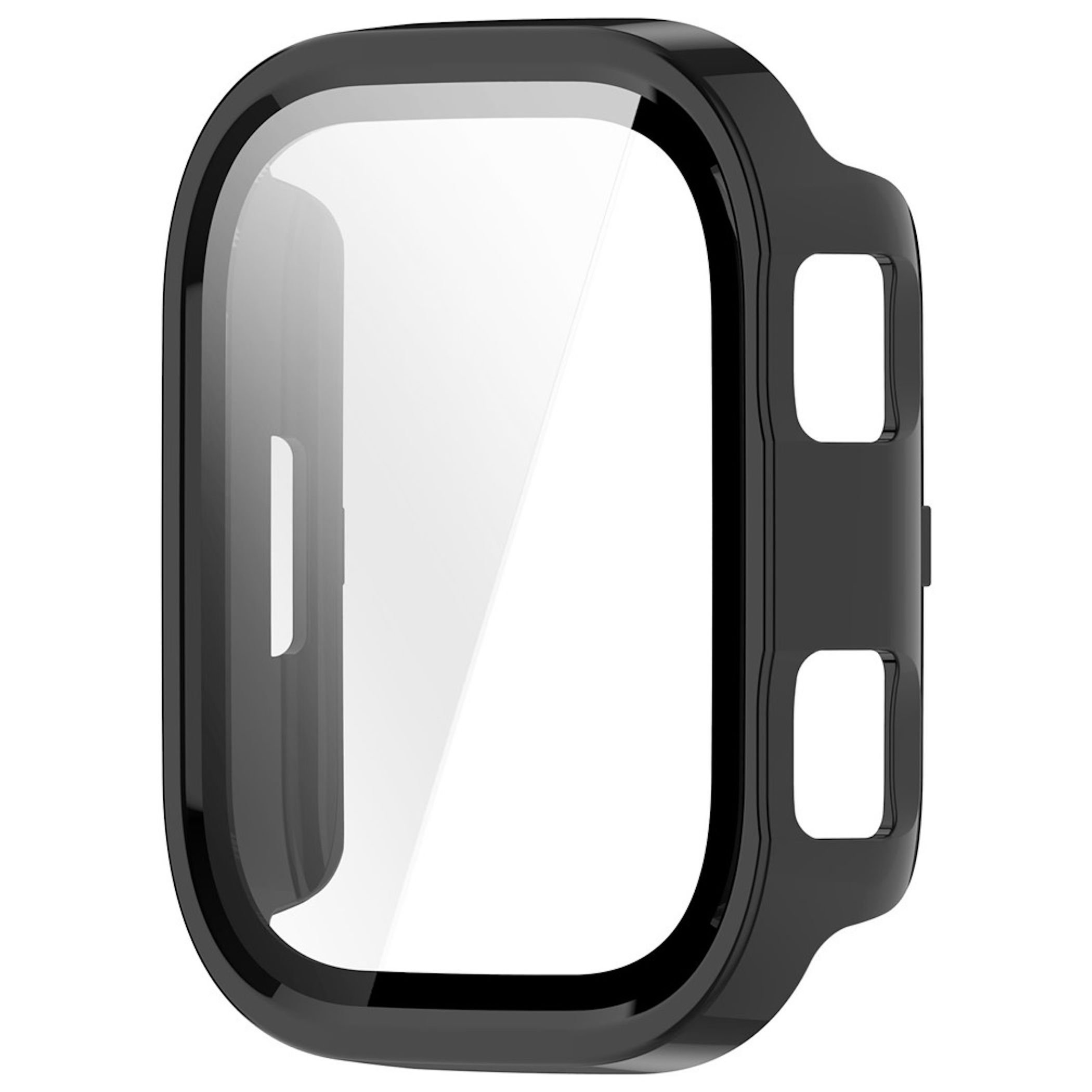 Schwarzes Schutzgehäuse für eine Smartwatch mit integriertem Bildschirmschutz auf weißem Hintergrund.