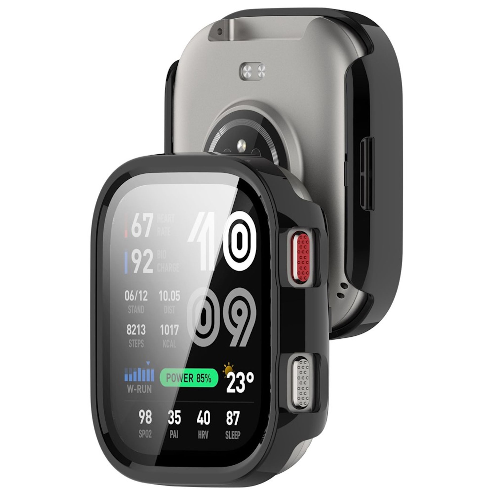 Schwarze Smartwatch im Case mit aktivierter Fitness-Anzeige auf dem Display.